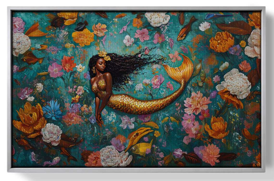 Black Mermaid Floral Fantasy African American canvas print view 55