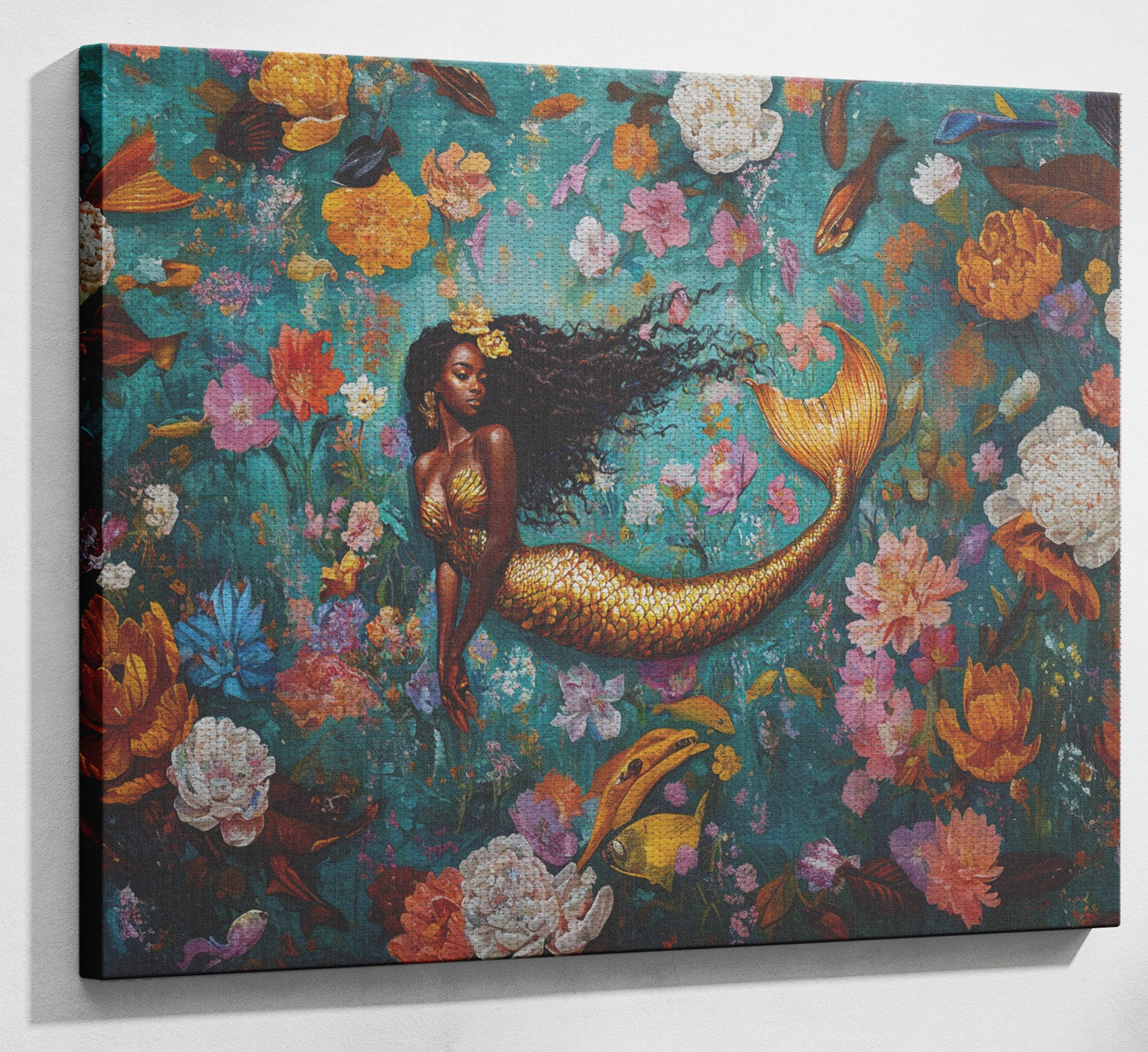 Black Mermaid Floral Fantasy African American canvas print view 13