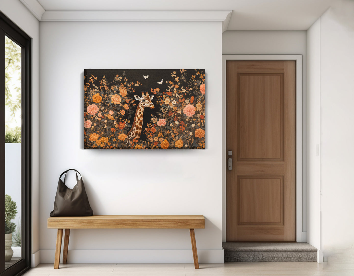 Giraffe Dark Floral African American canvas print displayed as entryway wall decor