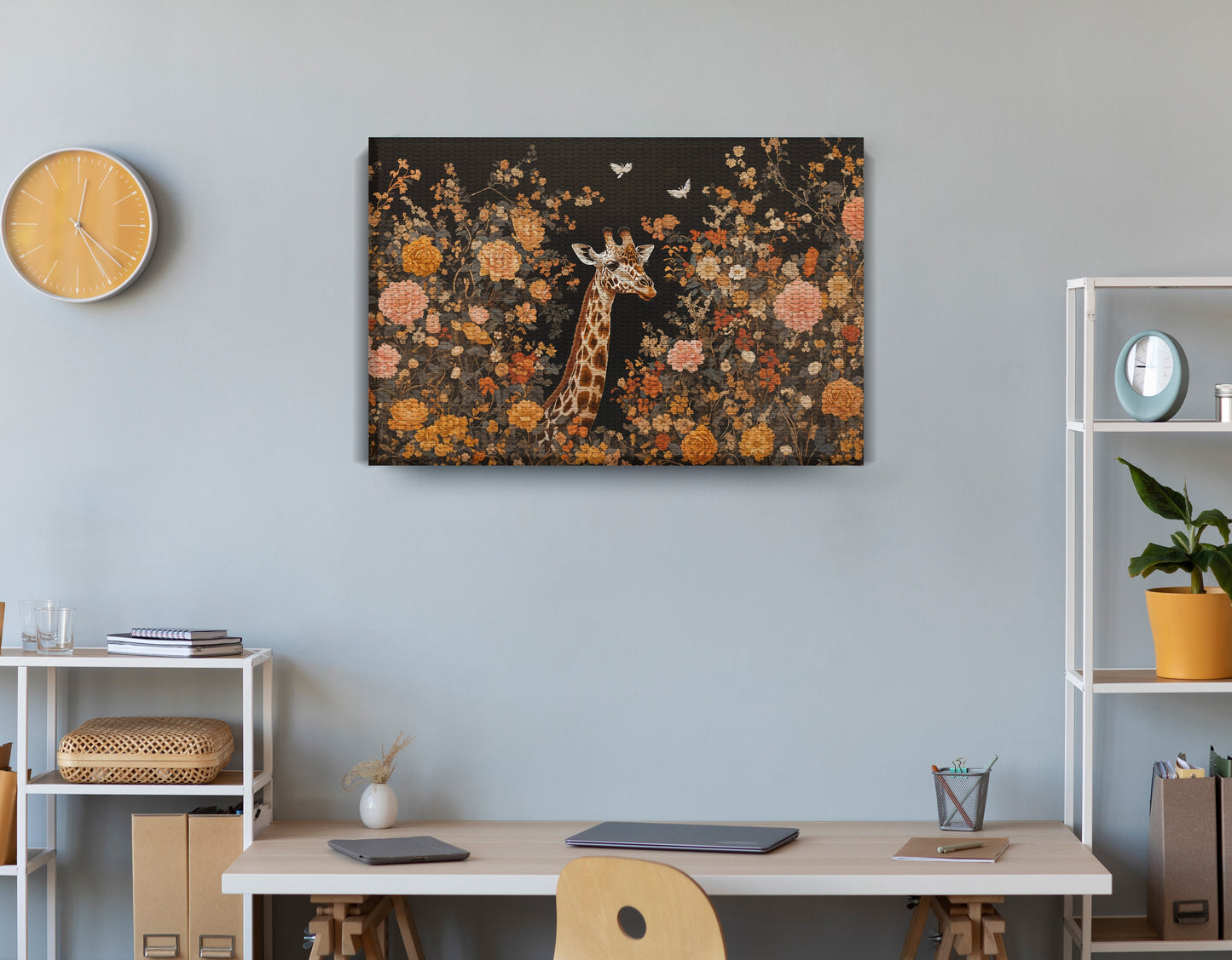 Giraffe Dark Floral African American canvas print displayed as office wall decor