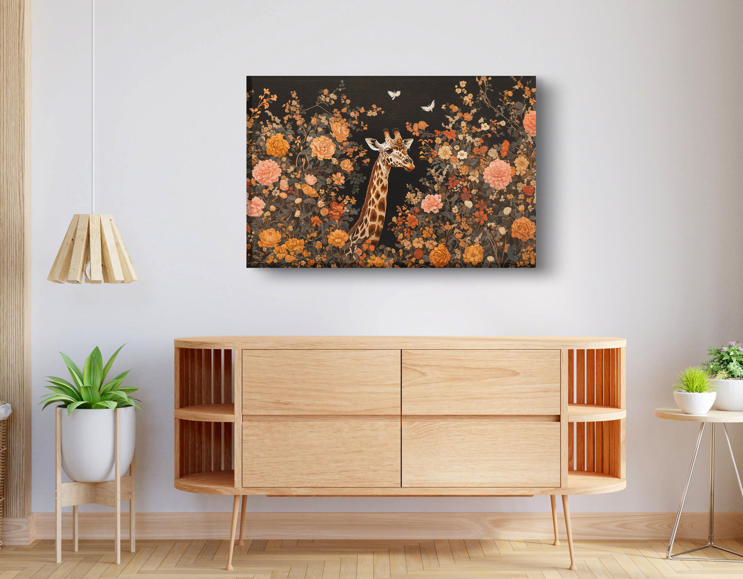 Giraffe Dark Floral African American canvas print displayed as living room wall decor