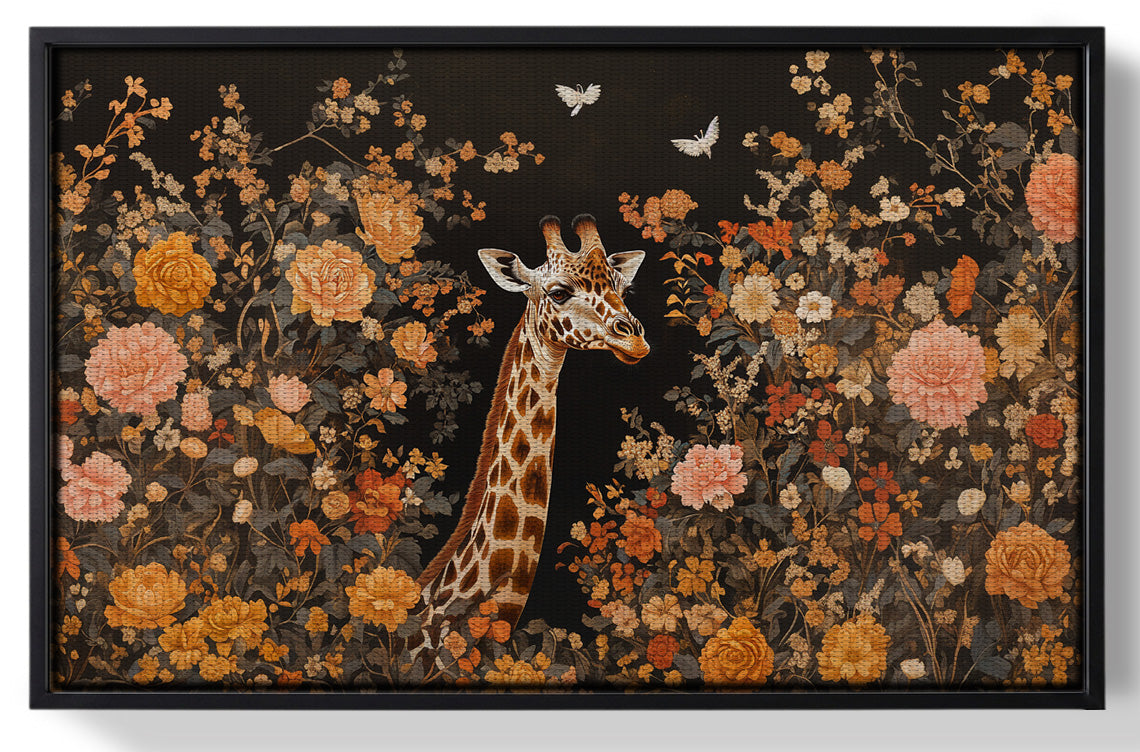 Framed Giraffe Dark Floral African American canvas print for home decor