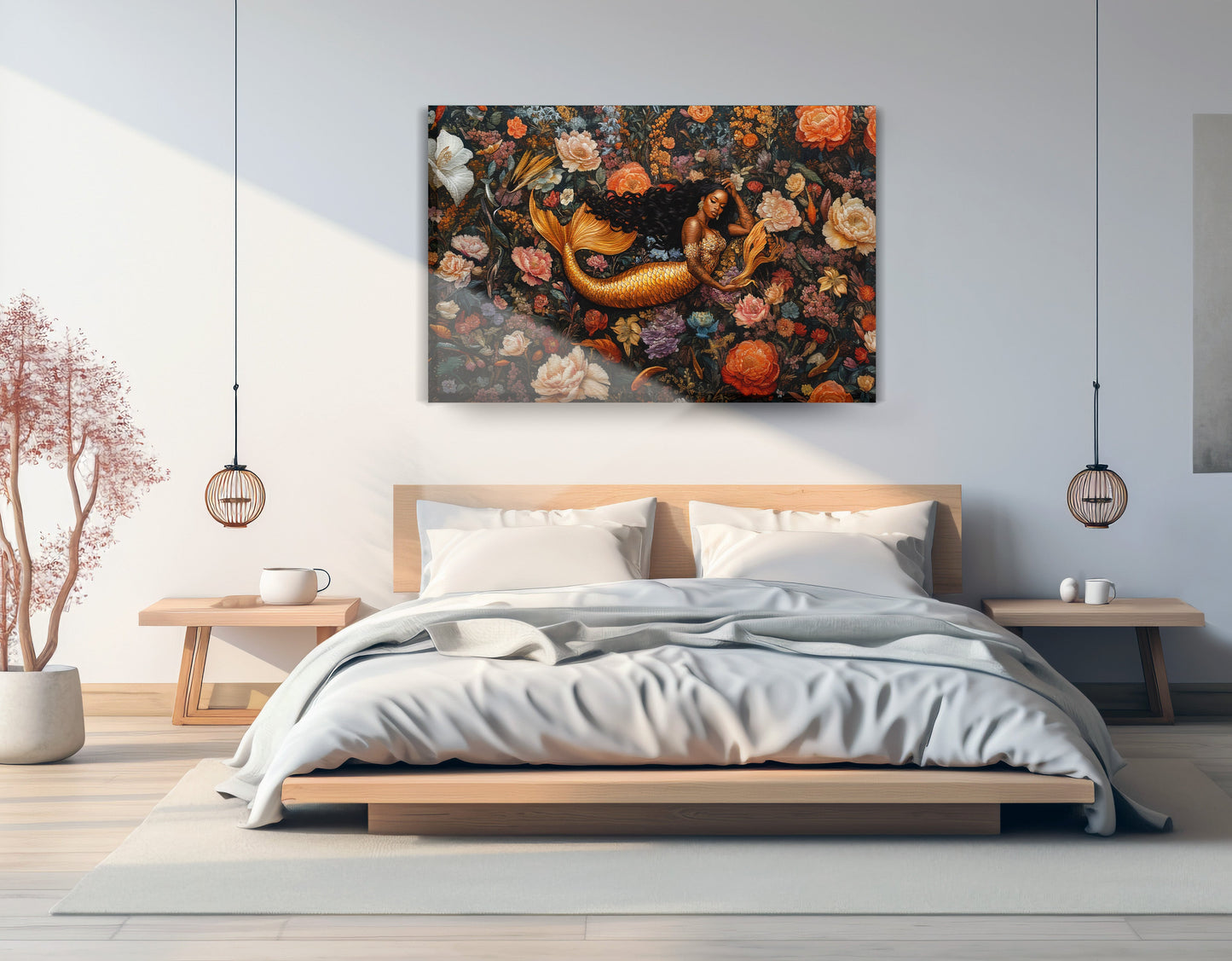 Black Mermaid Dark Floral African American canvas print displayed as bedroom wall decor