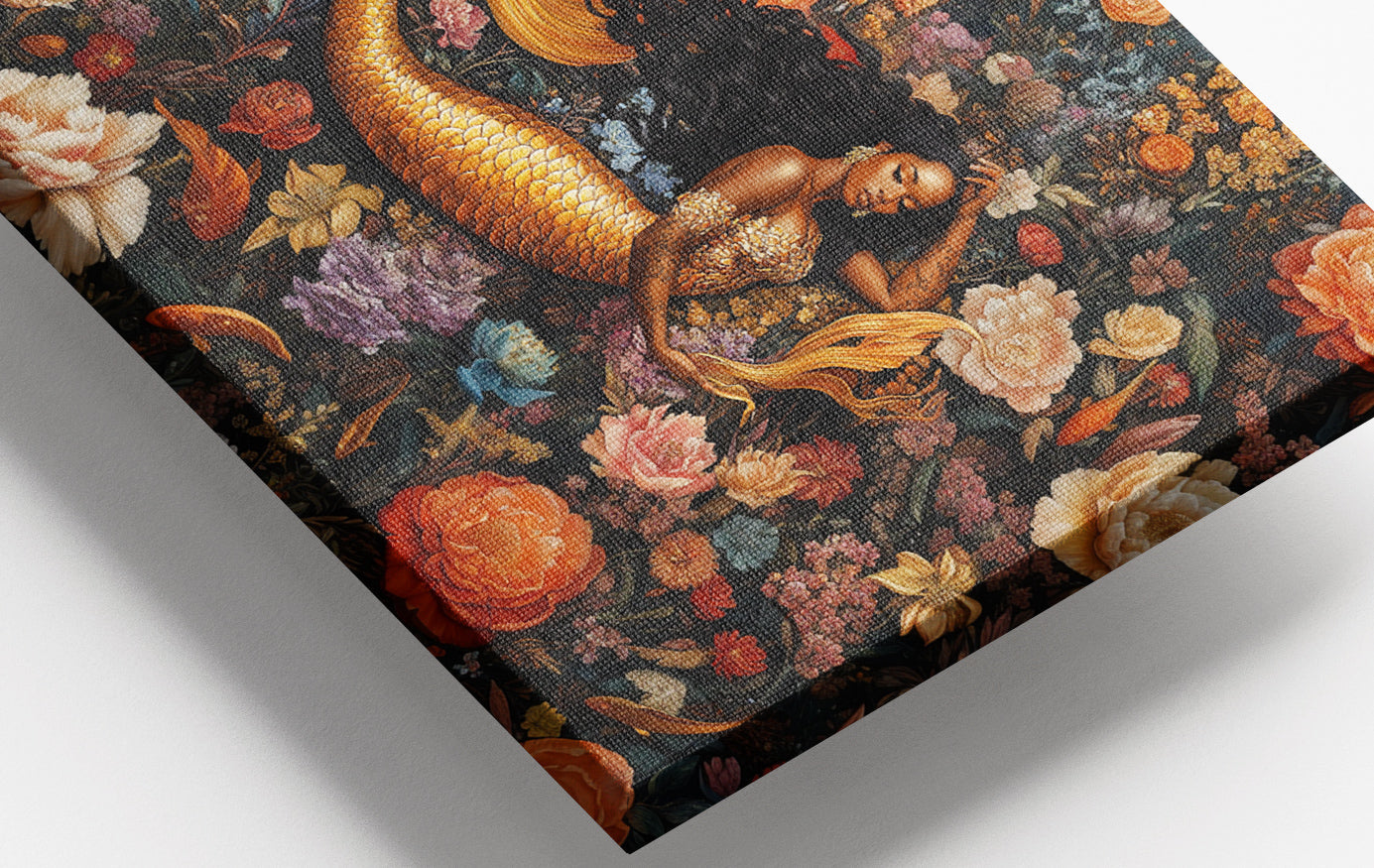 Close-up of Black Mermaid Dark Floral African American canvas print detail
