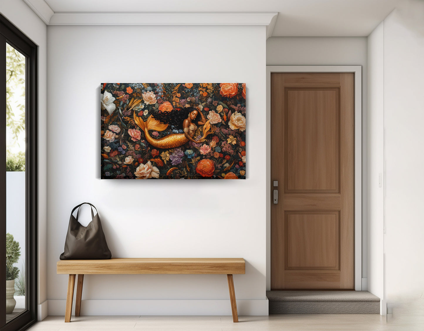 Black Mermaid Dark Floral African American canvas print displayed as entryway wall decor