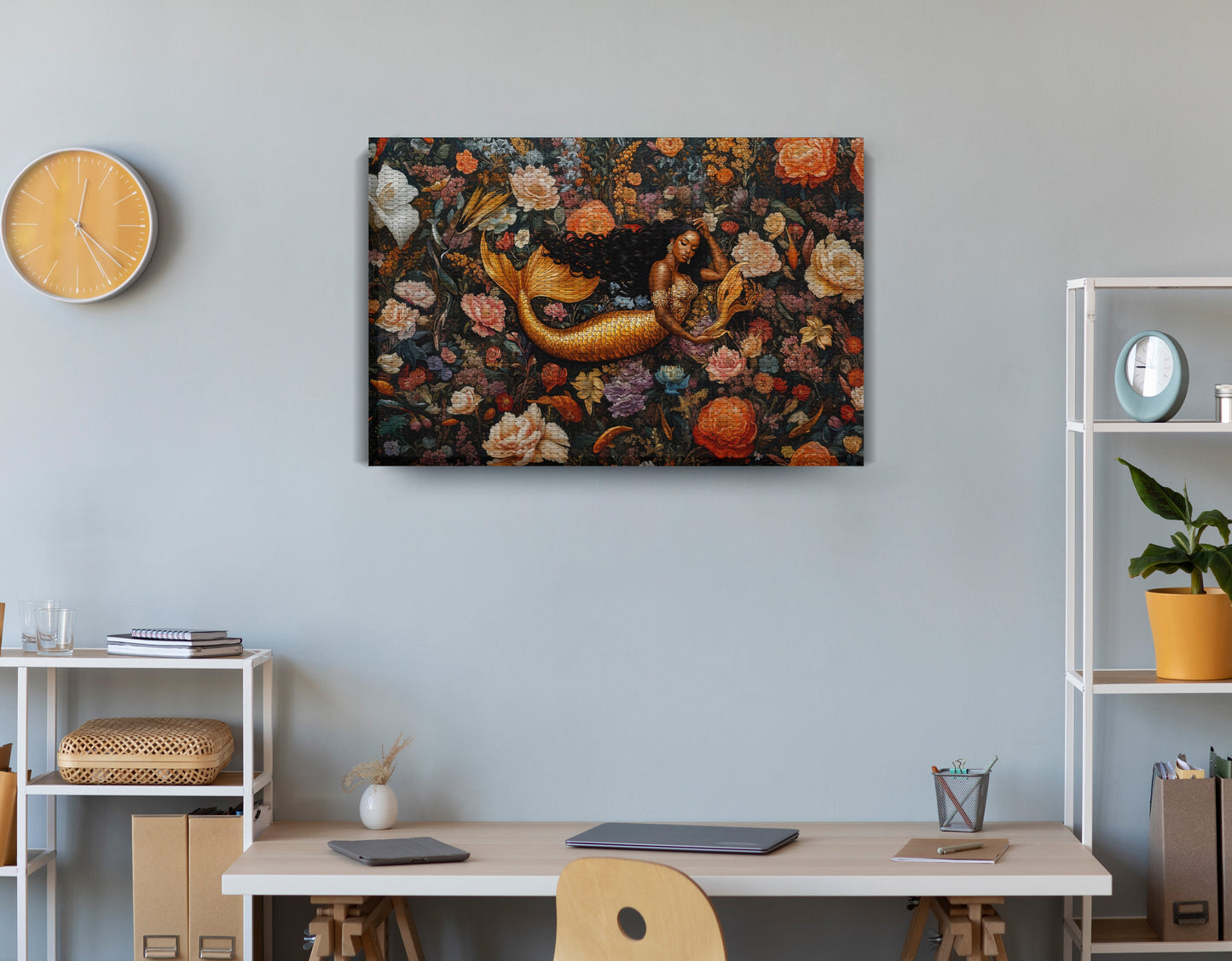 Black Mermaid Dark Floral African American canvas print displayed as office wall decor