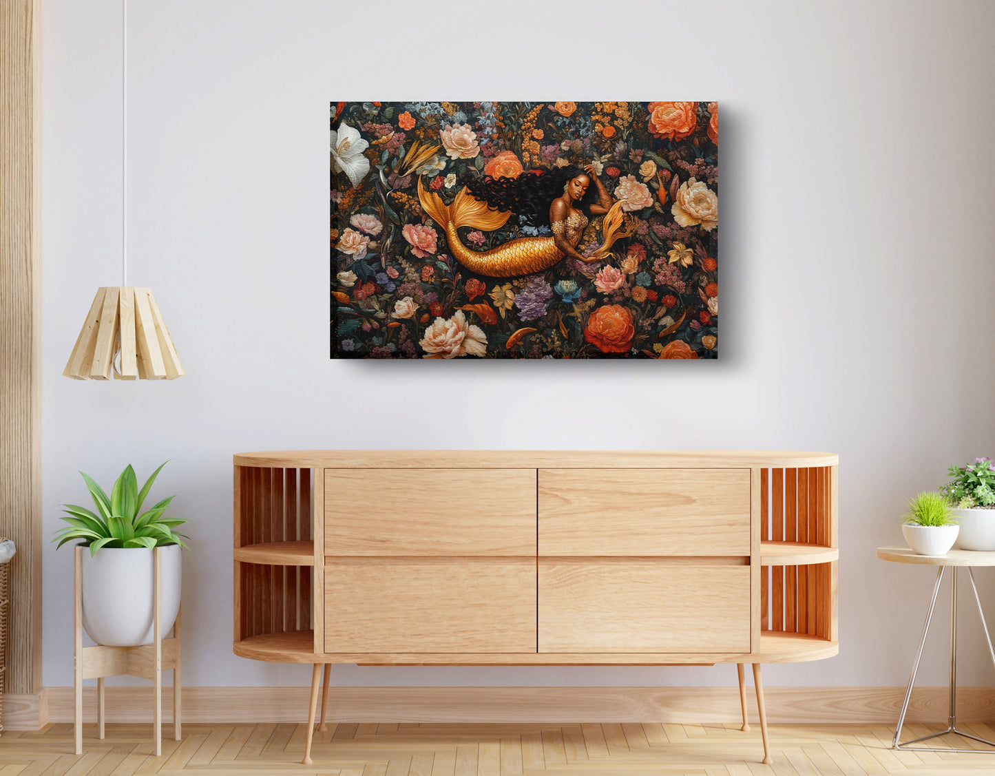 Black Mermaid Dark Floral African American canvas print displayed as living room wall decor