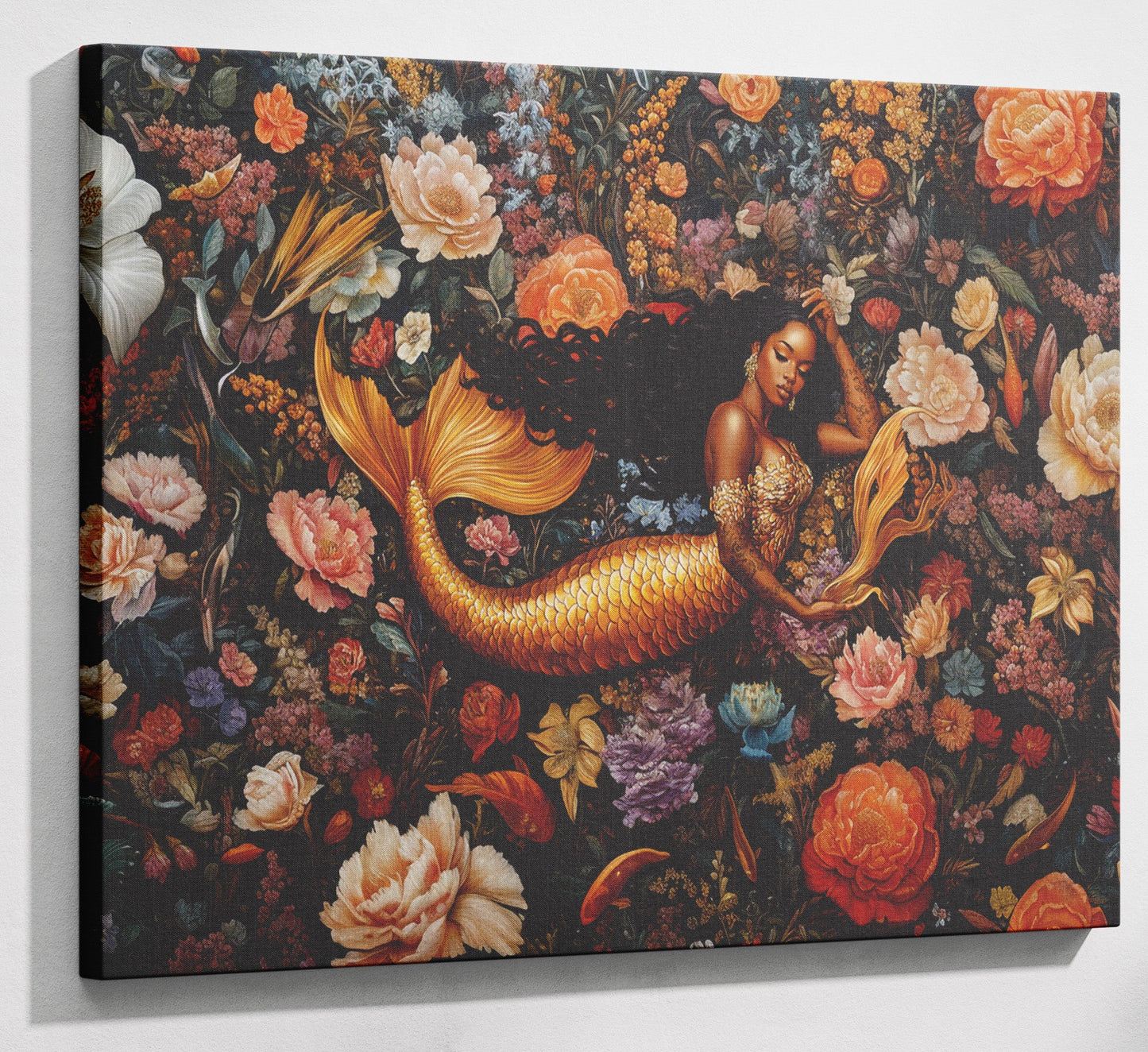 Black Mermaid Dark Floral African American canvas print canvas print with visible wall art format