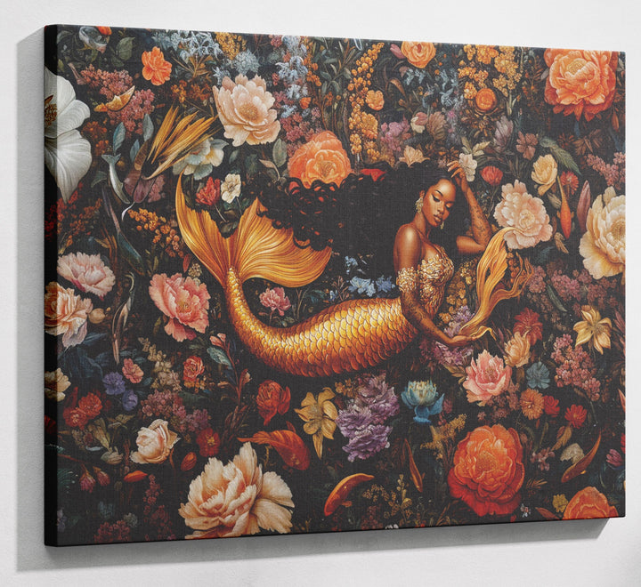 Black Mermaid Dark Floral African American canvas print canvas print with visible wall art format