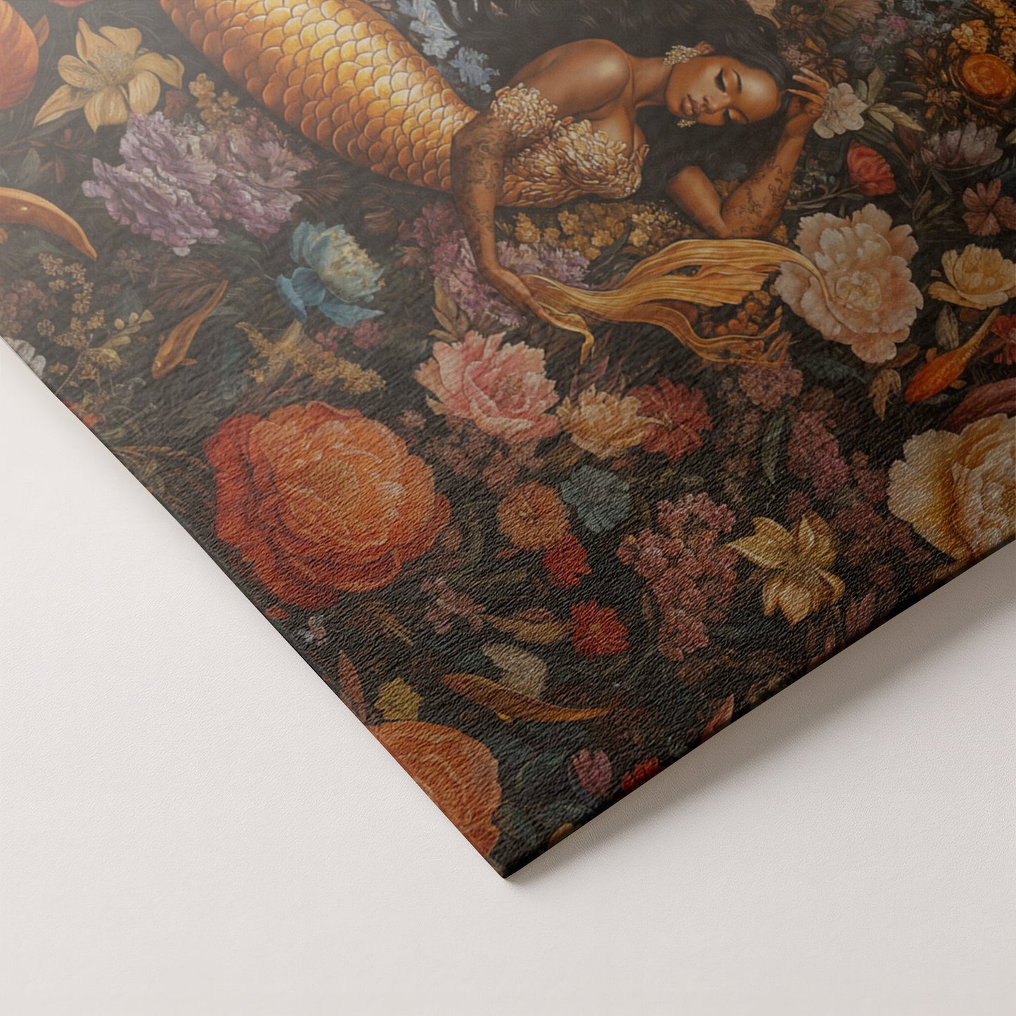 Black Mermaid Dark Floral African American canvas print artwork by MoomZee Artwork