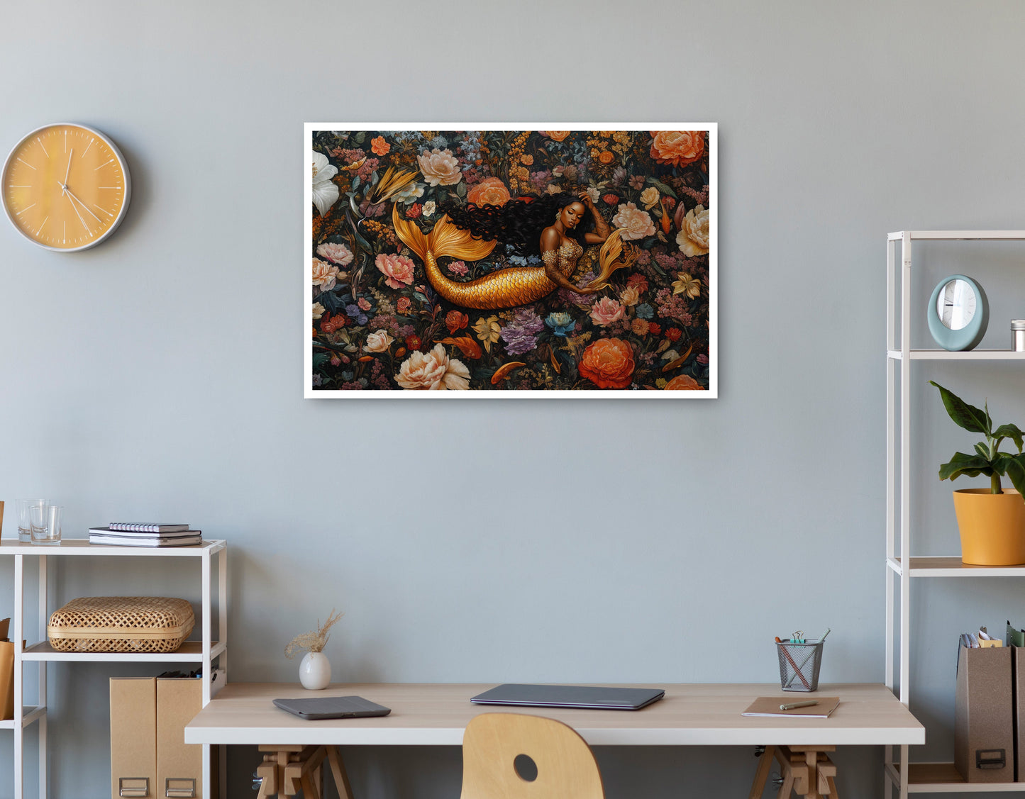 Black Mermaid Dark Floral African American canvas print print view