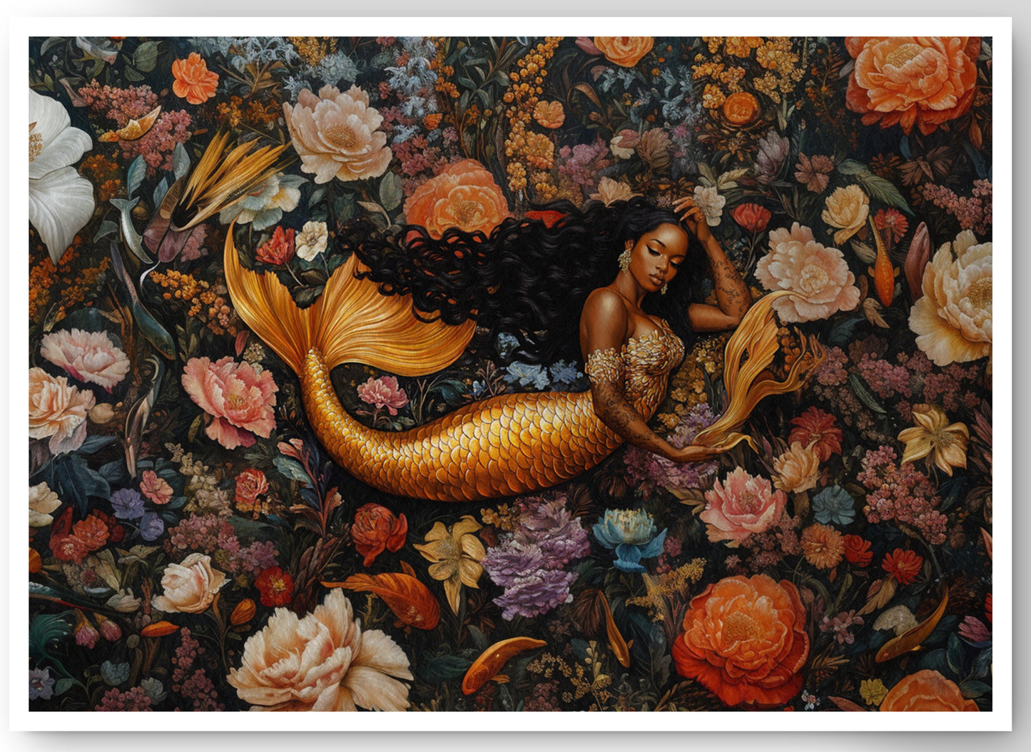 Black Mermaid Dark Floral African American canvas print by MoomZee Artwork