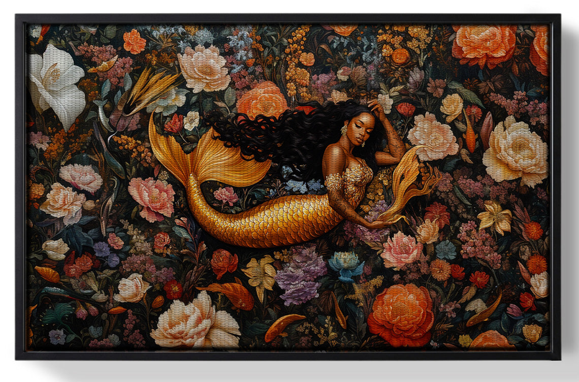Framed Black Mermaid Dark Floral African American canvas print for home decor
