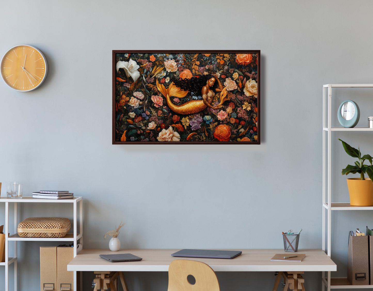 Black Mermaid Dark Floral African American canvas print view 36