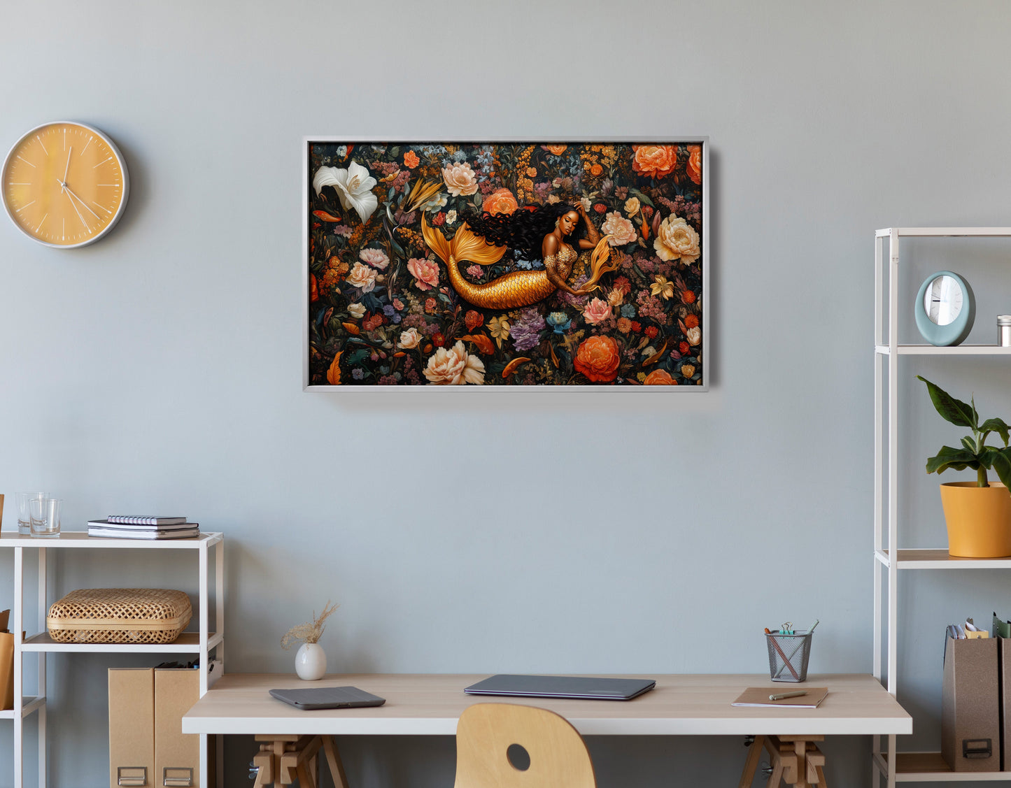 Black Mermaid Dark Floral African American canvas print view 60