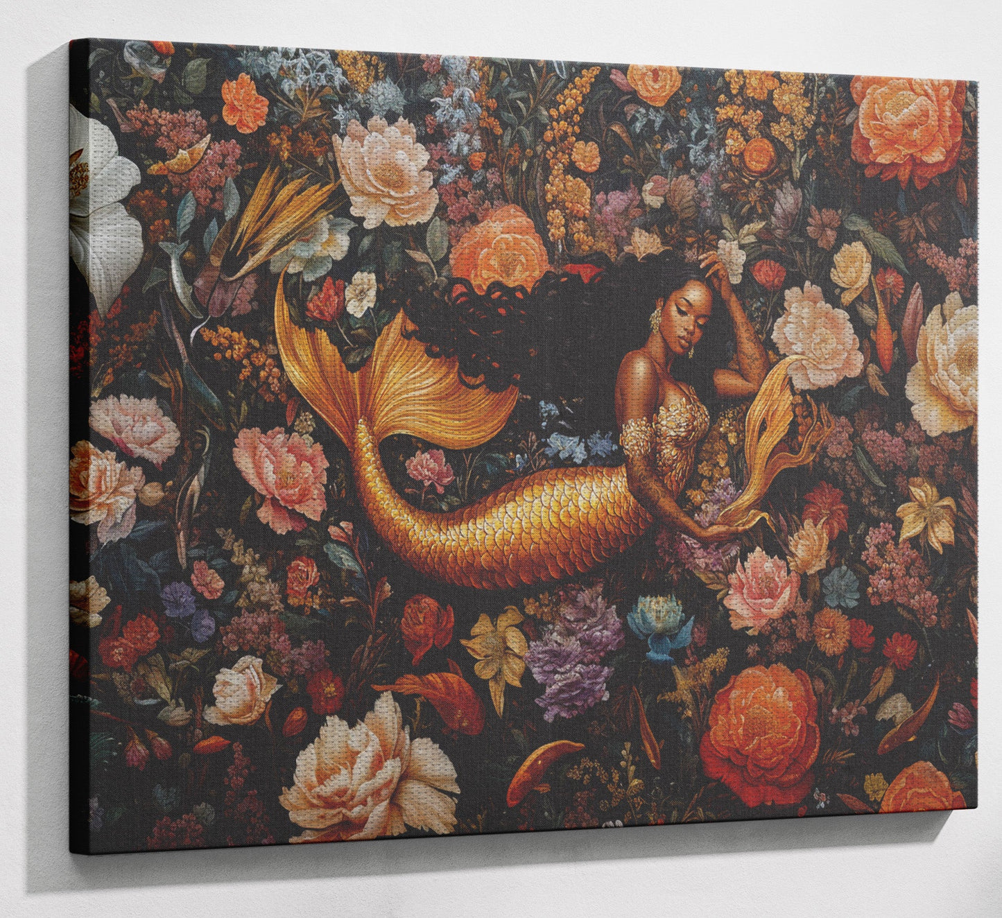 Black Mermaid Dark Floral African American canvas print view 13