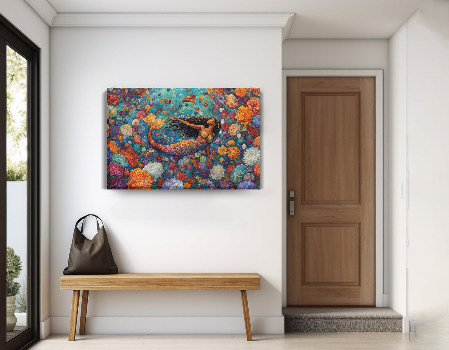 Black Mermaid Coral Reef African American canvas print displayed as entryway wall decor