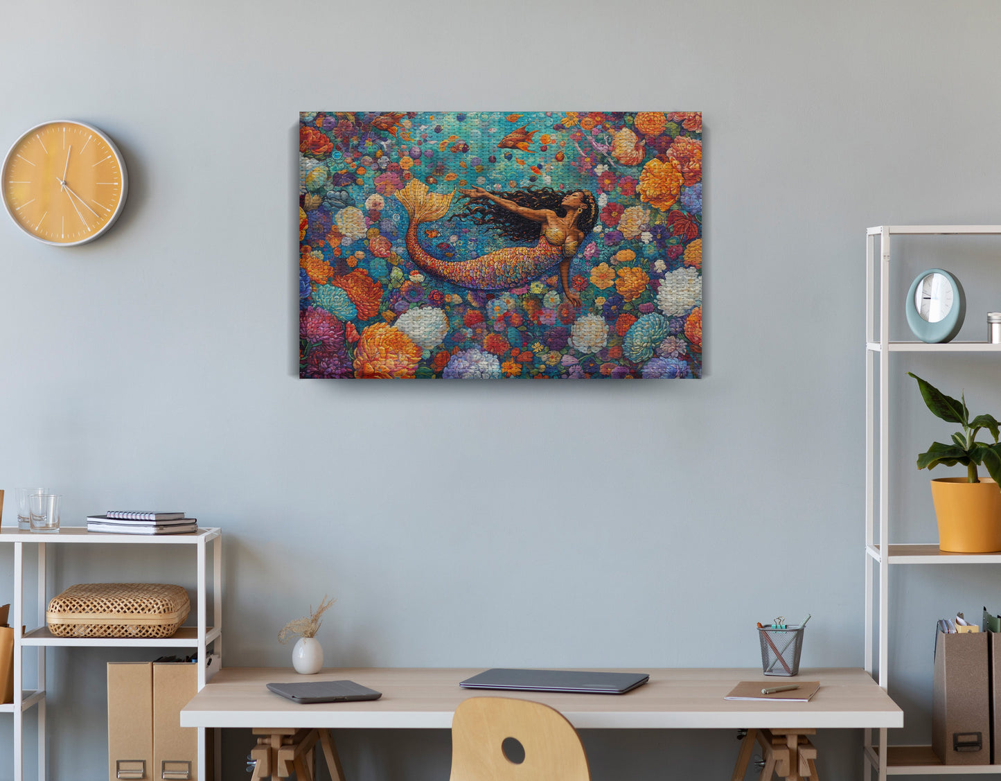 Black Mermaid Coral Reef African American canvas print displayed as office wall decor