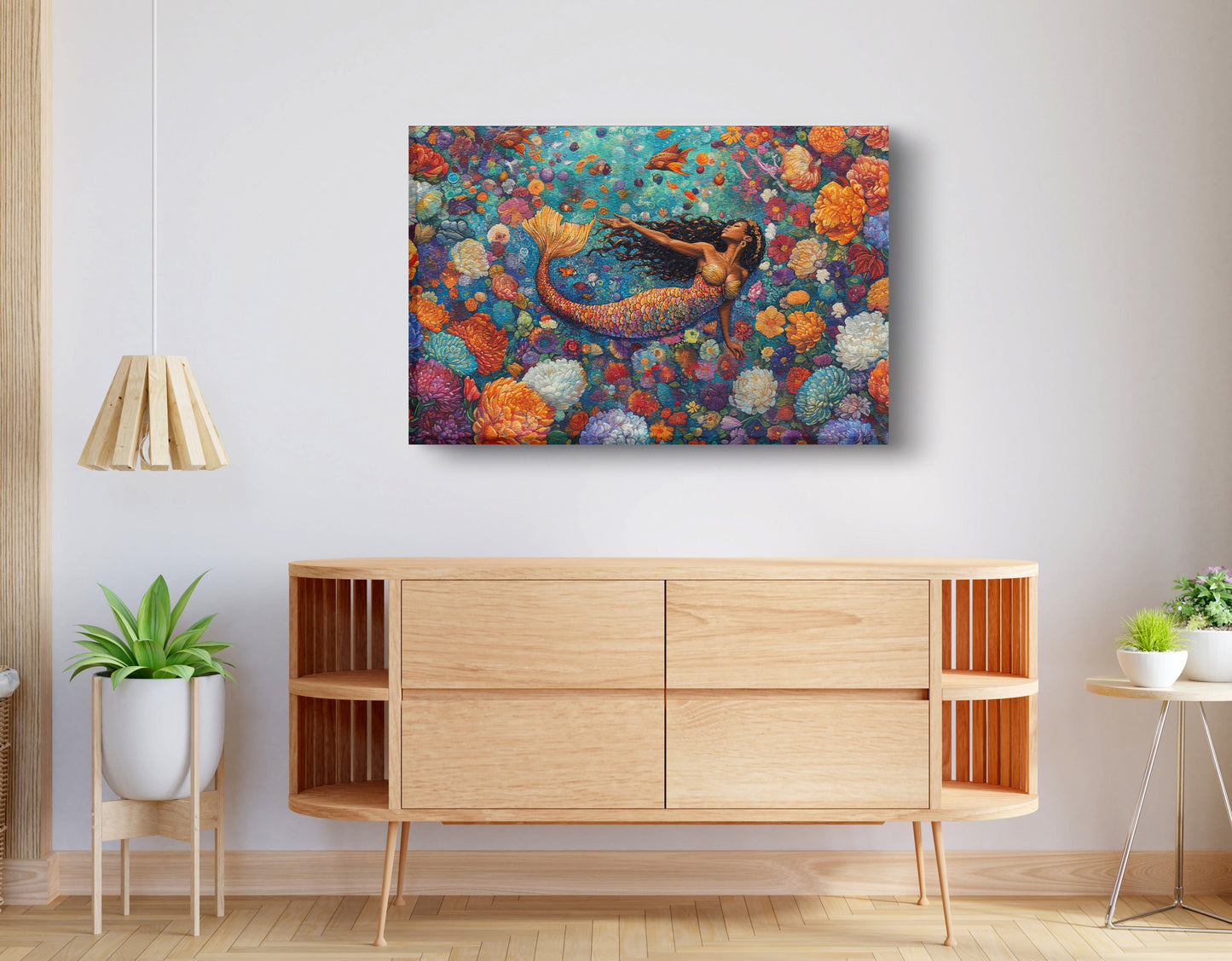 Black Mermaid Coral Reef African American canvas print displayed as living room wall decor
