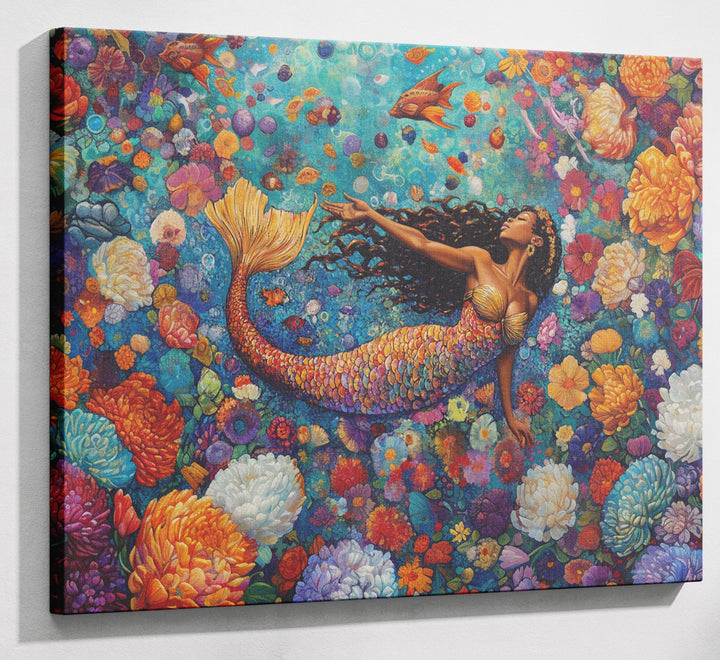 Black Mermaid Coral Reef African American canvas print canvas print with visible wall art format