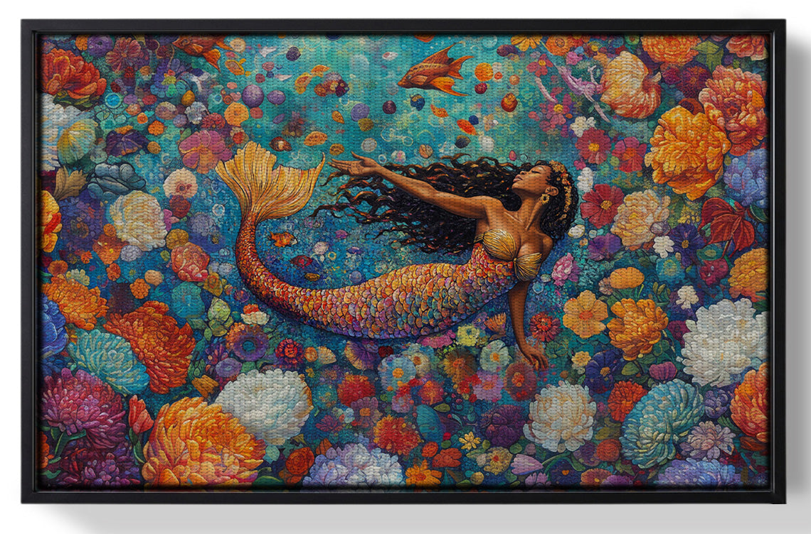Framed Black Mermaid Coral Reef African American canvas print for home decor