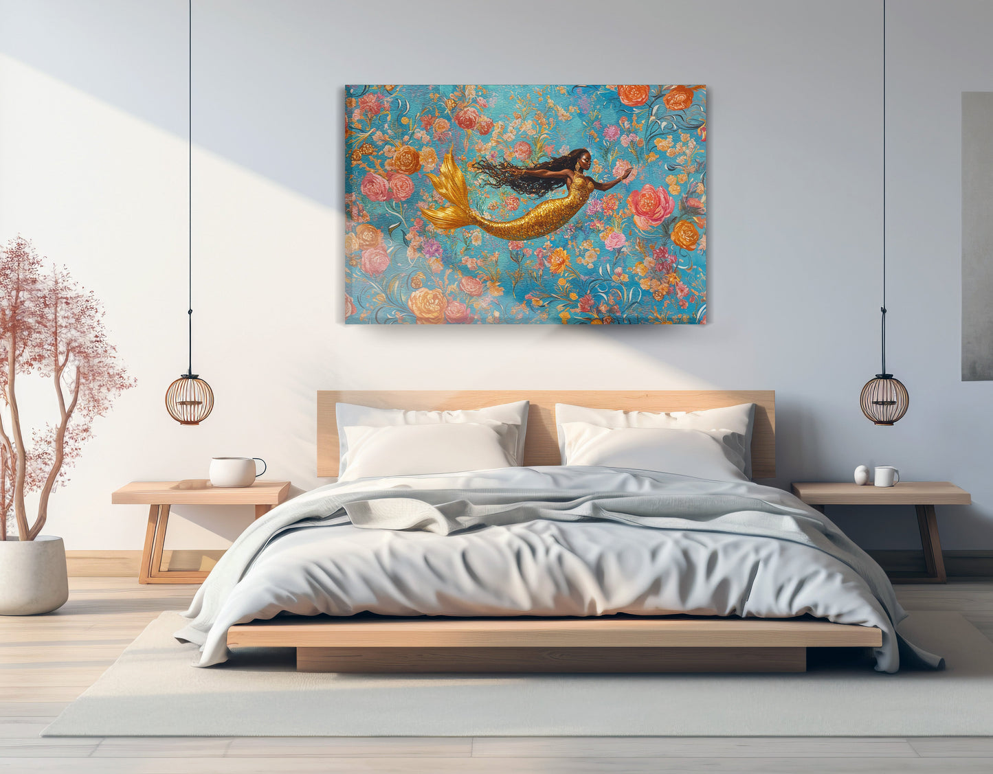 Black Mermaid Turquoise Floral African American canvas print displayed as bedroom wall decor