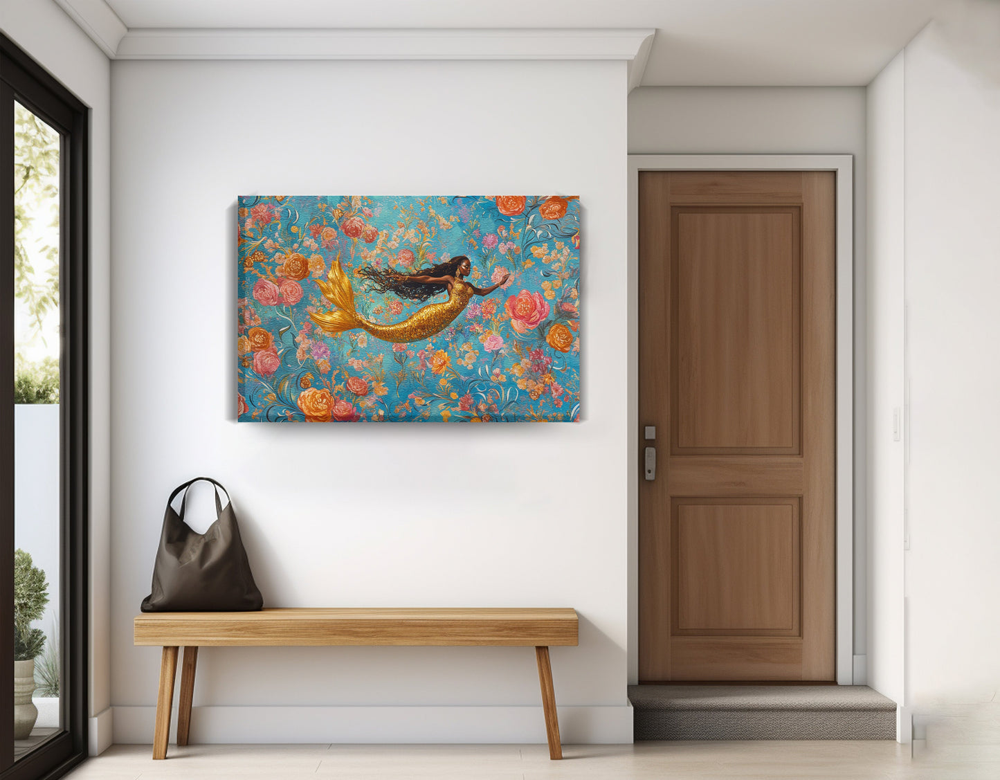 Black Mermaid Turquoise Floral African American canvas print displayed as entryway wall decor