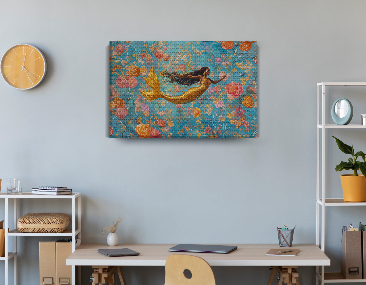 Black Mermaid Turquoise Floral African American canvas print displayed as office wall decor