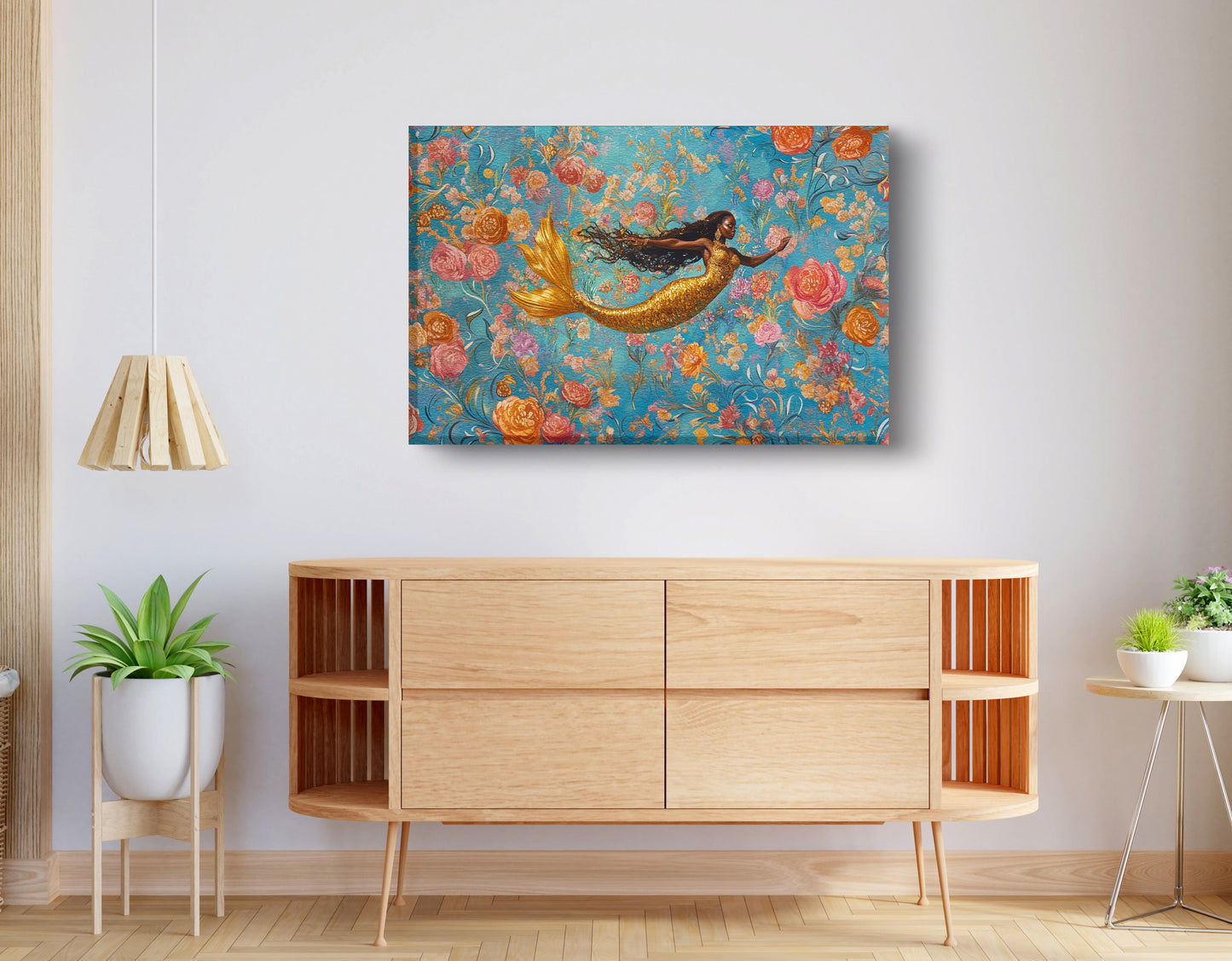 Black Mermaid Turquoise Floral African American canvas print displayed as living room wall decor