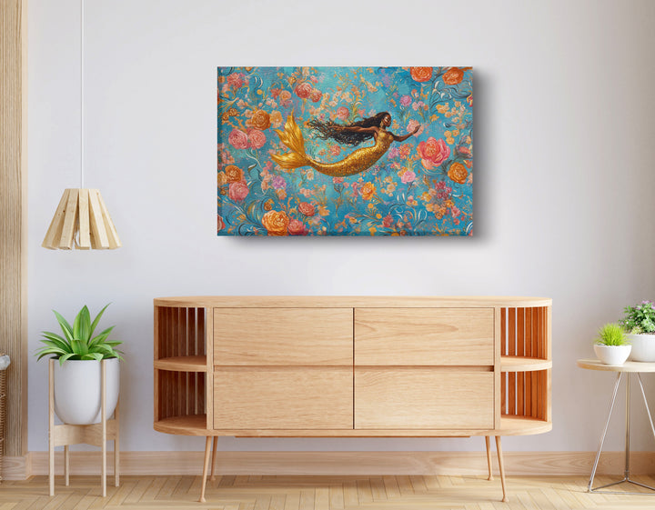 Black Mermaid Turquoise Floral Wall Art