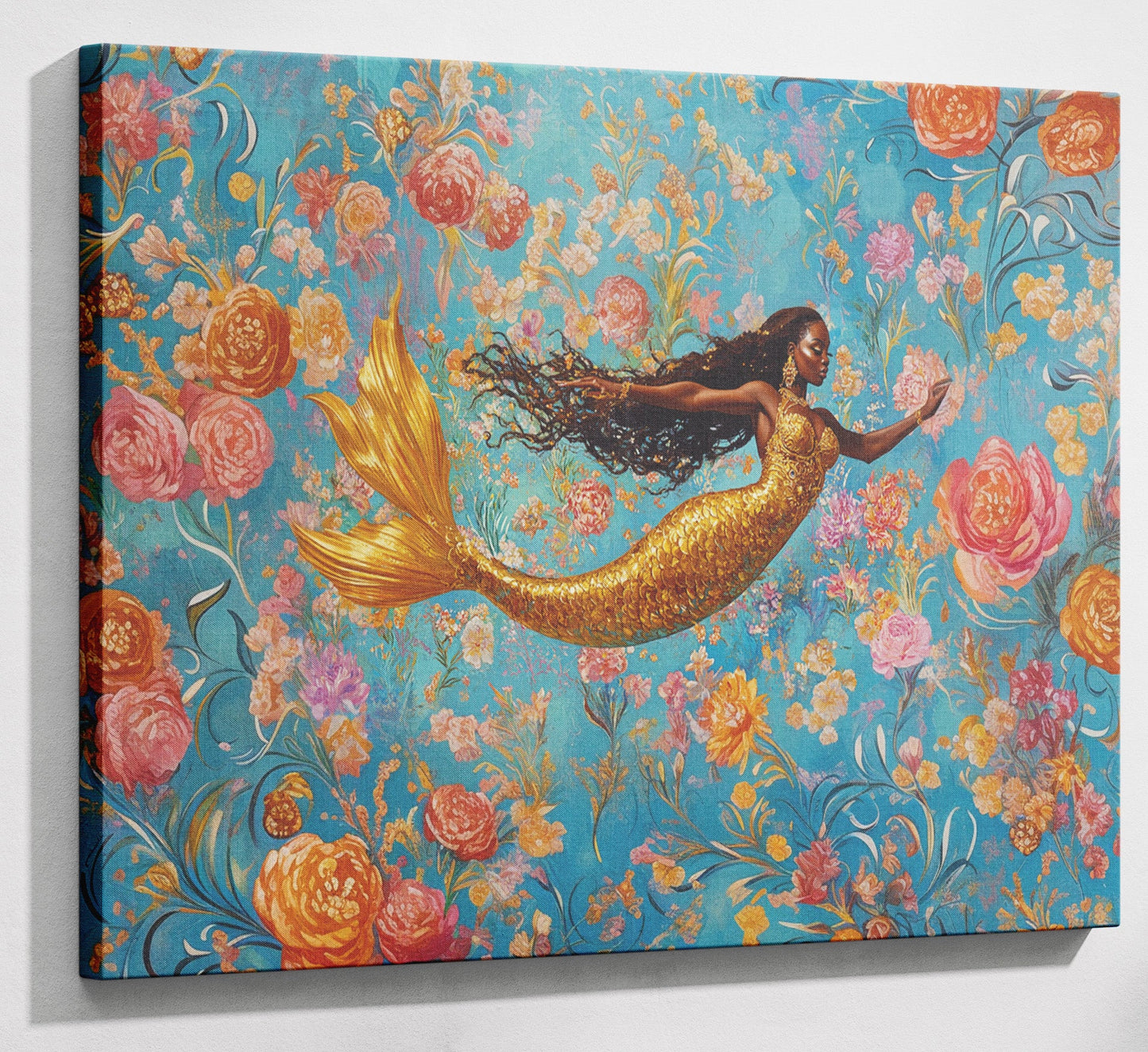 Black Mermaid Turquoise Floral African American canvas print canvas print with visible wall art format