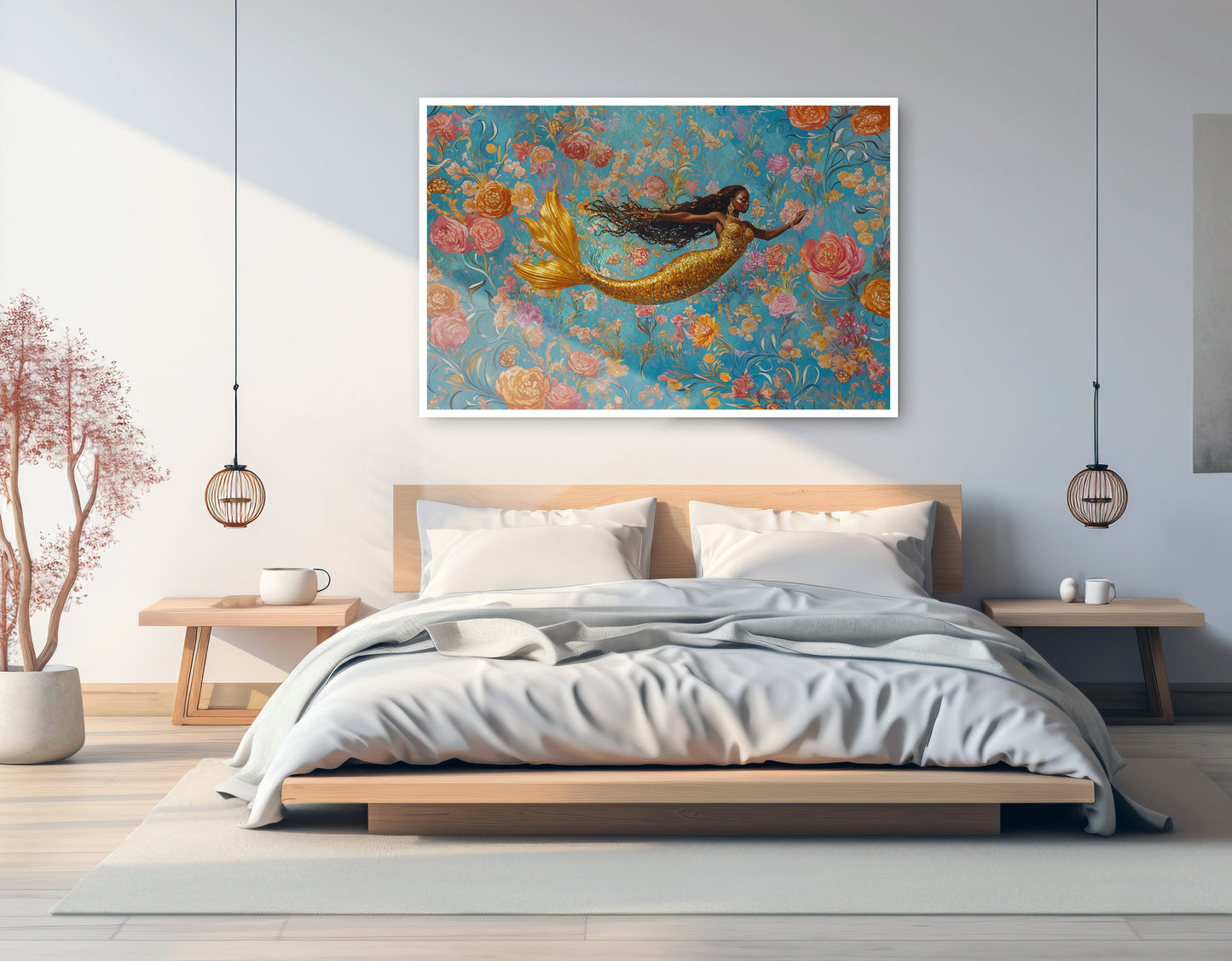 Black Mermaid Turquoise Floral African American canvas print artwork view