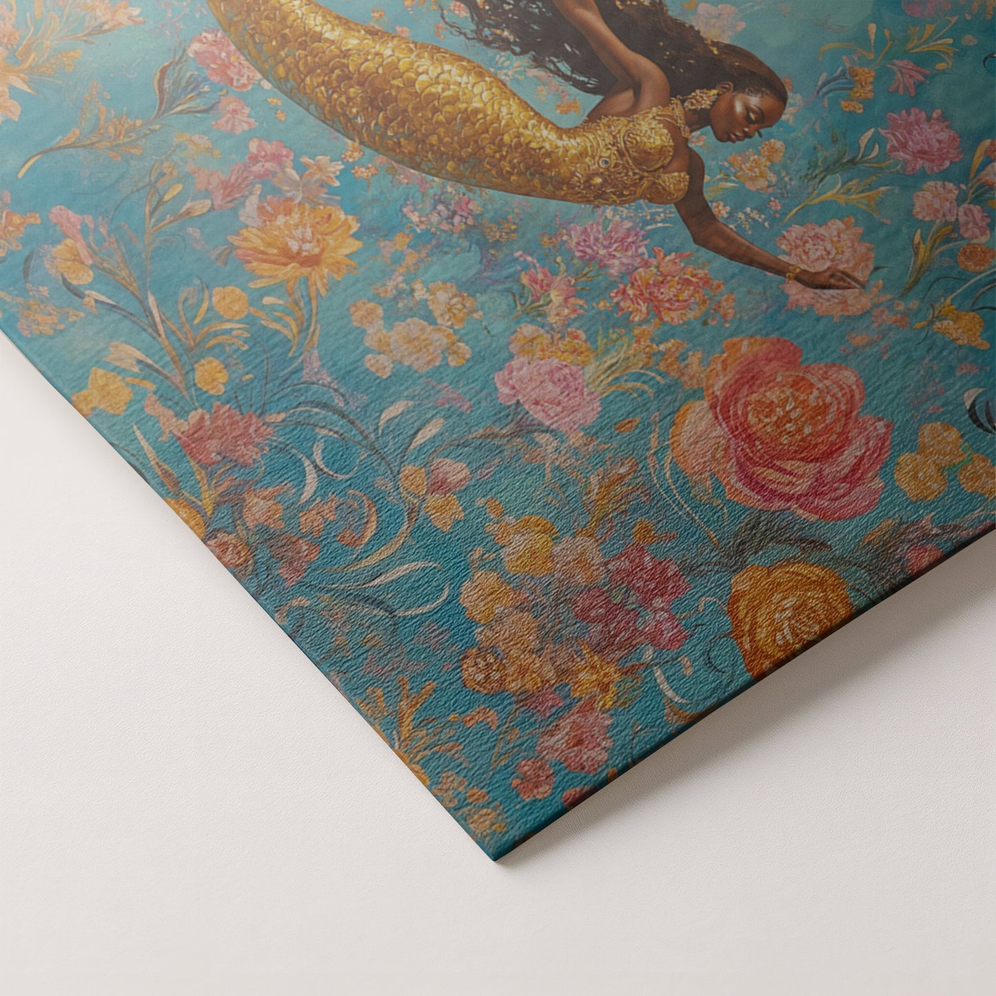 Black Mermaid Turquoise Floral African American canvas print artwork by MoomZee Artwork