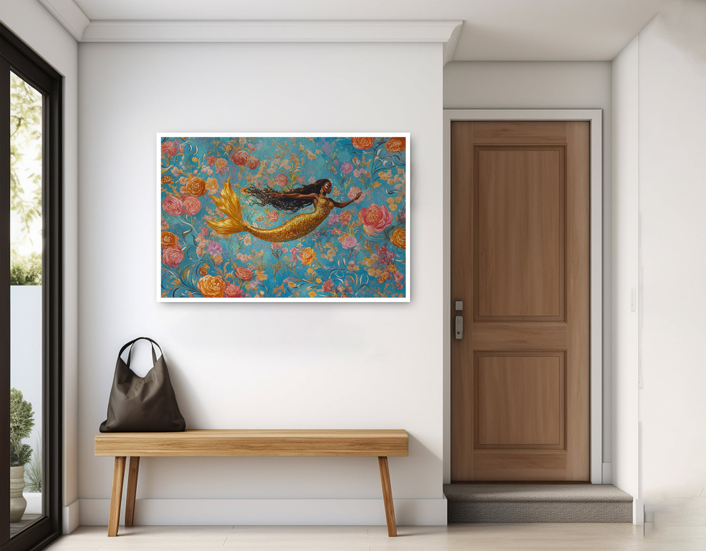 Black Mermaid Turquoise Floral African American canvas print home decor view