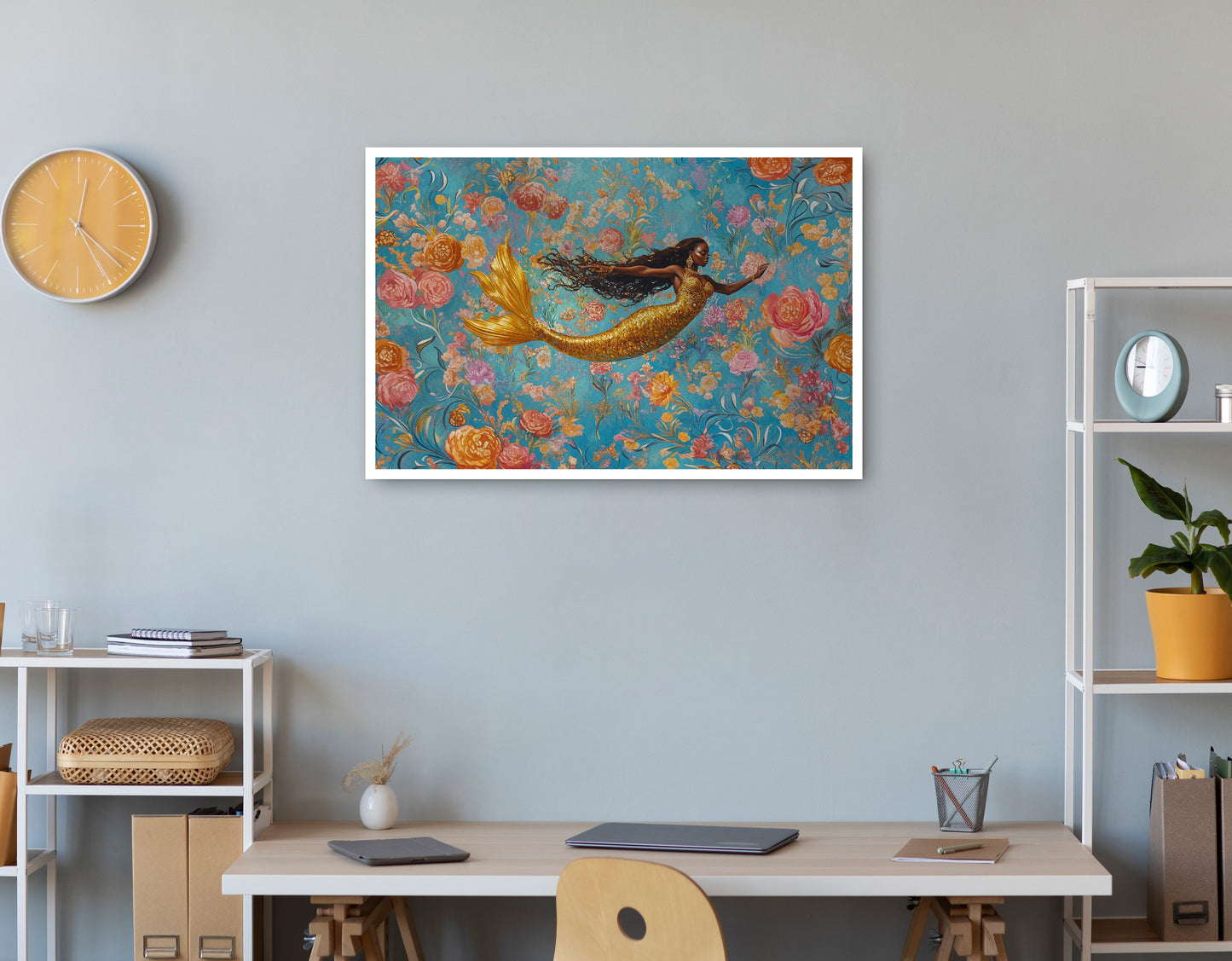 Black Mermaid Turquoise Floral African American canvas print print view