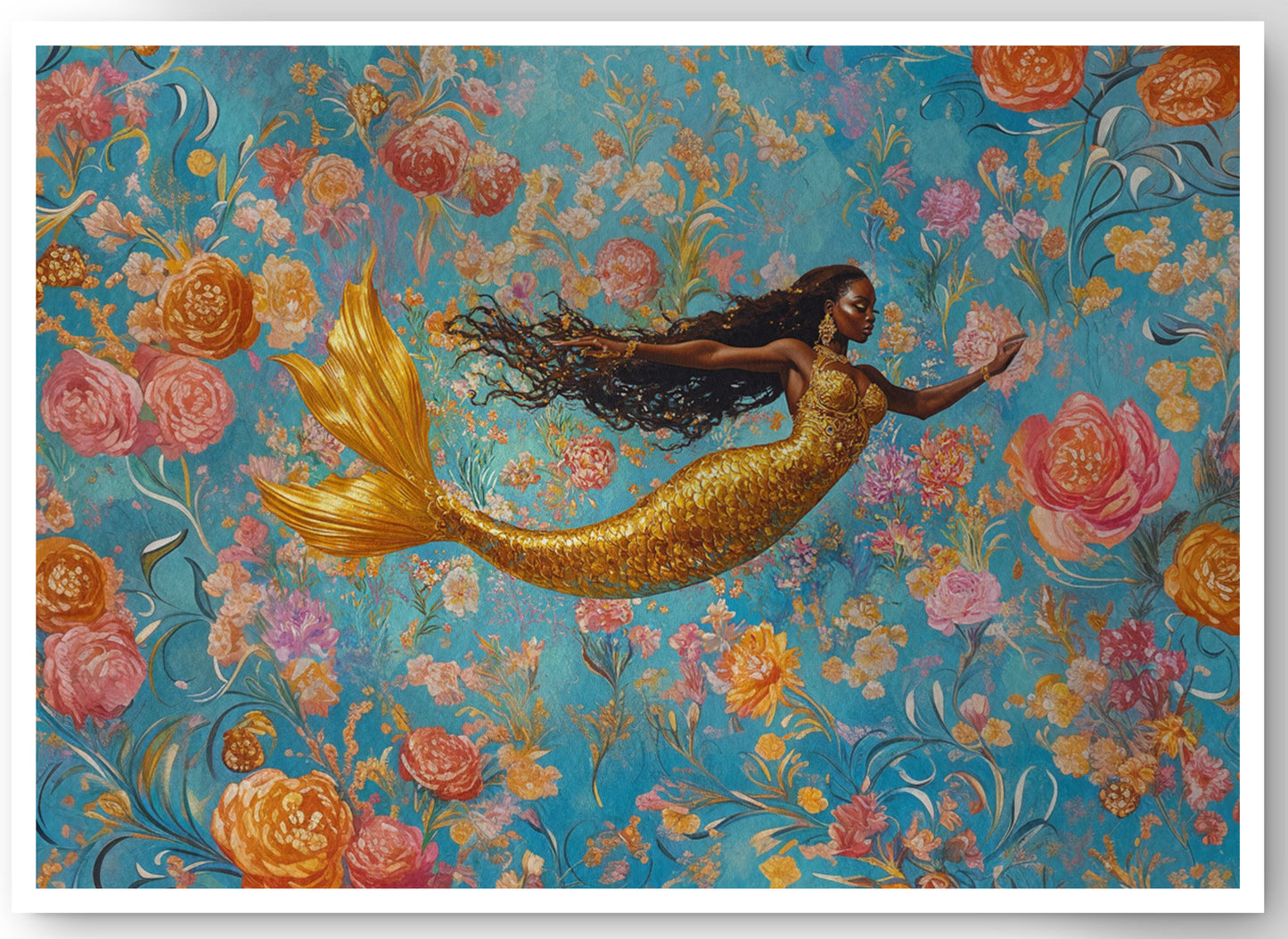Black Mermaid Turquoise Floral African American canvas print by MoomZee Artwork