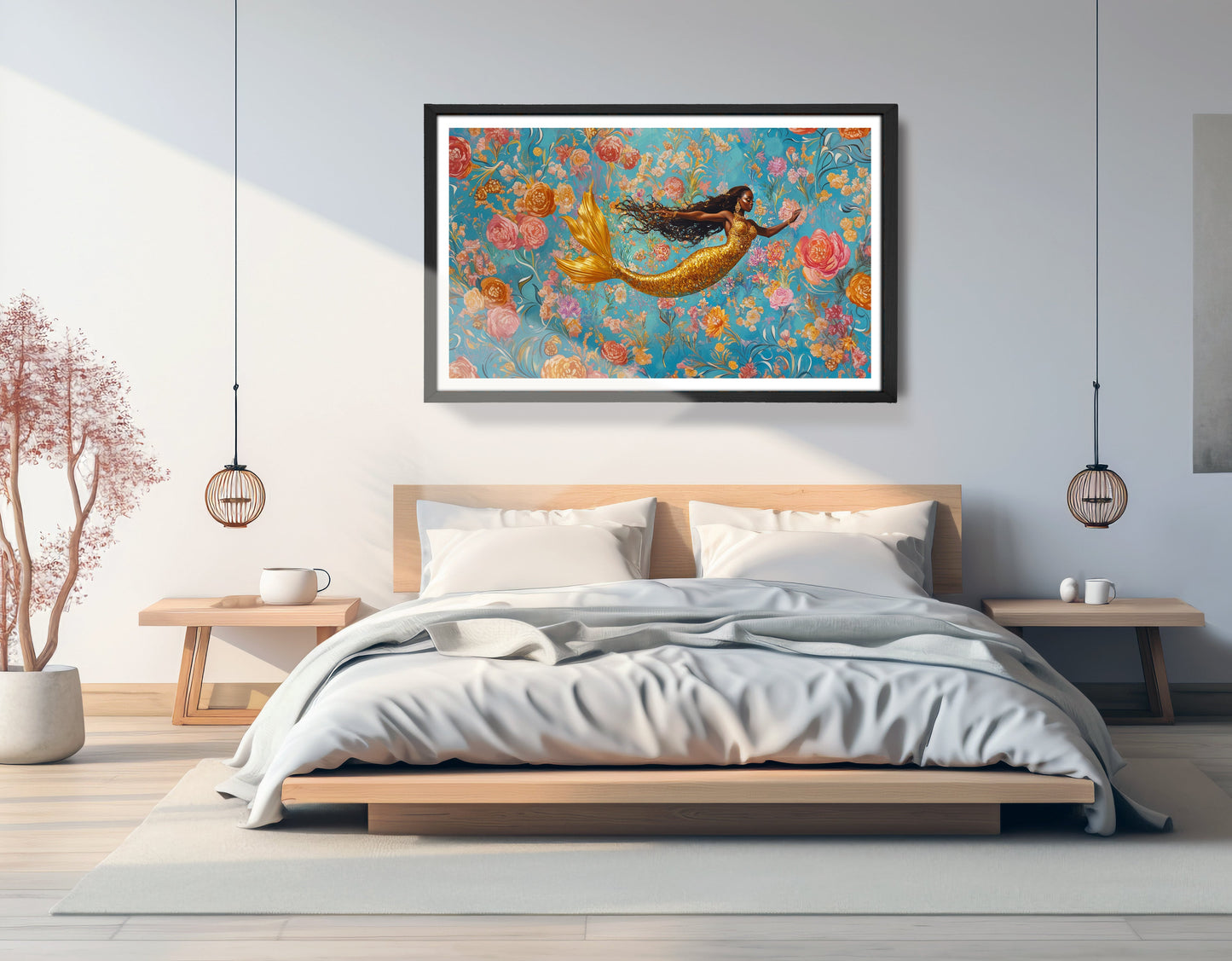 Black Mermaid Turquoise Floral African American canvas print view 69