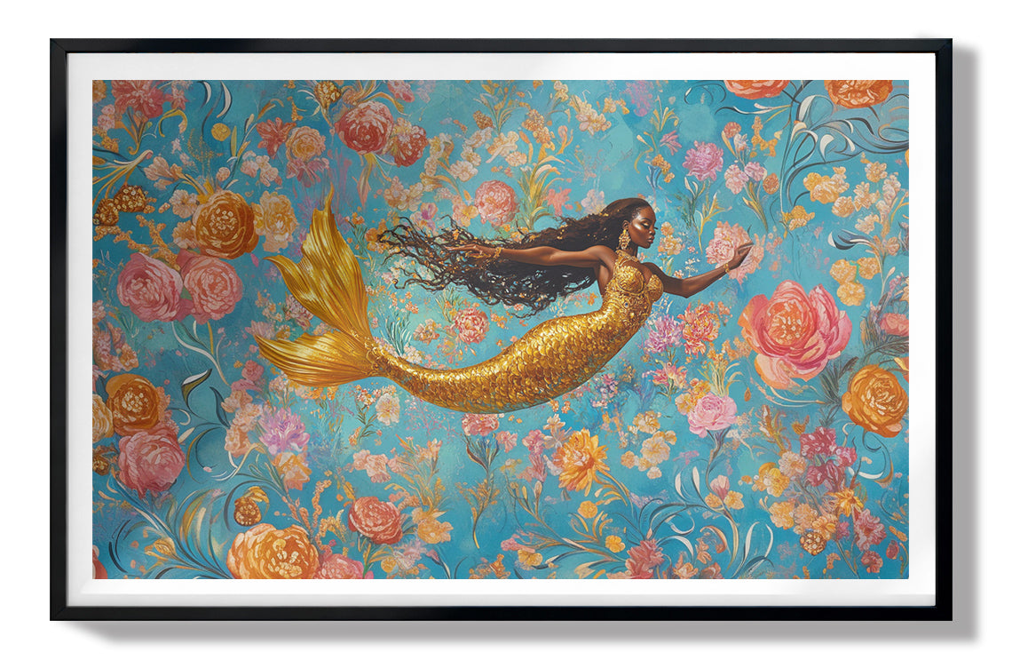 Black Mermaid Turquoise Floral African American canvas print view 67