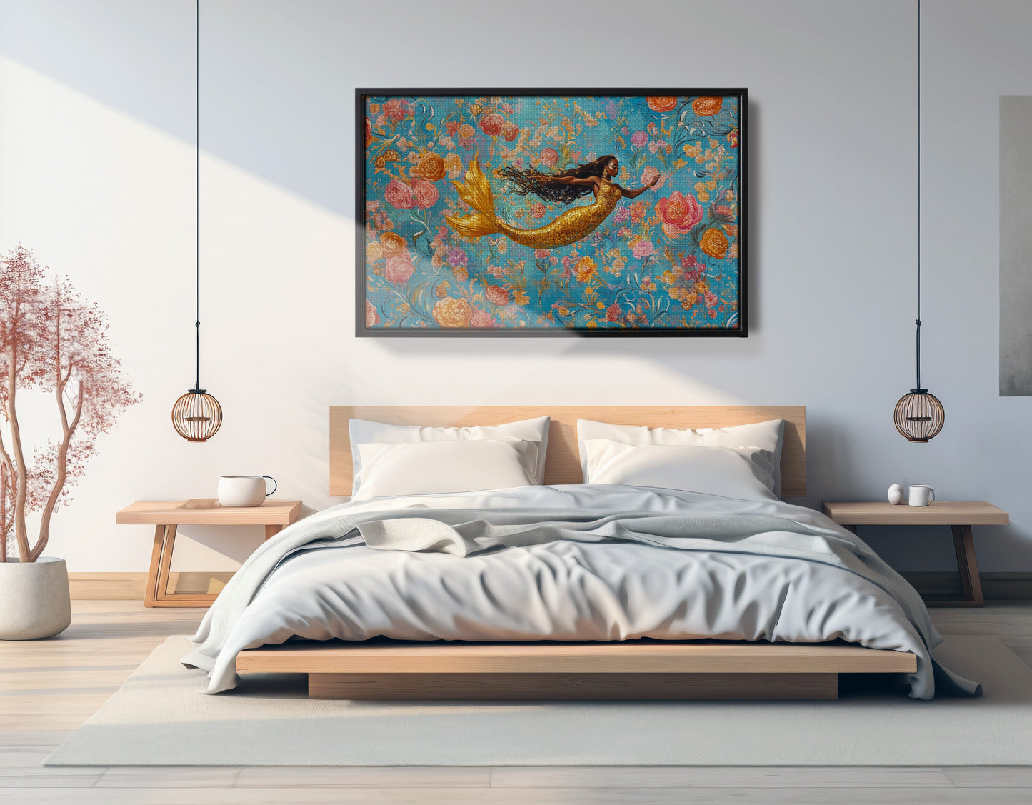 Black Mermaid Turquoise Floral African American canvas print view 27