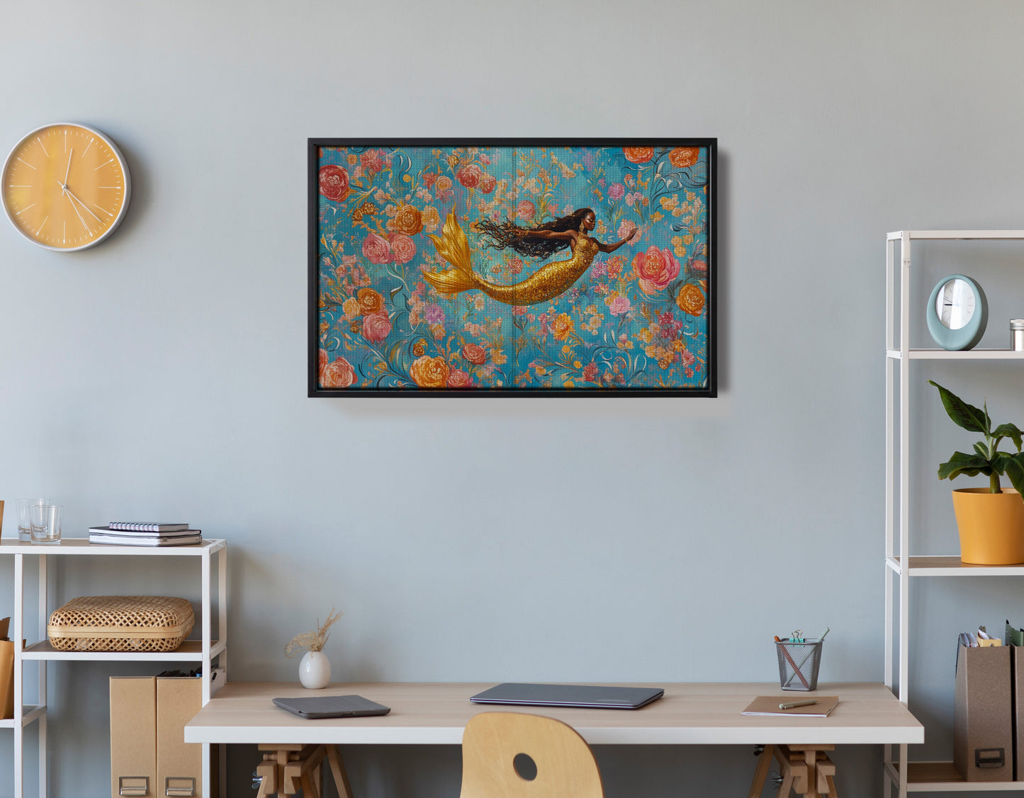 Black Mermaid Turquoise Floral African American canvas print view 30
