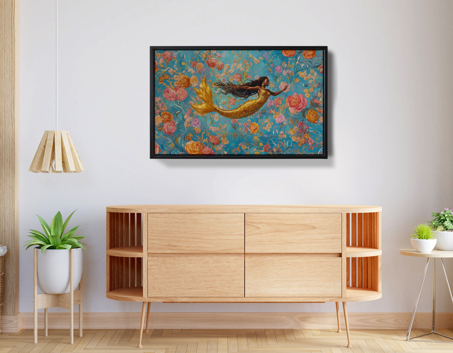 Black Mermaid Turquoise Floral African American canvas print view 26