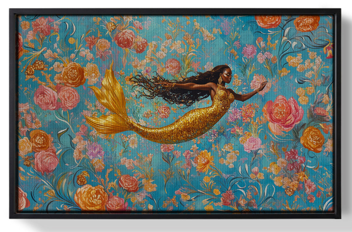 Framed Black Mermaid Turquoise Floral African American canvas print for home decor