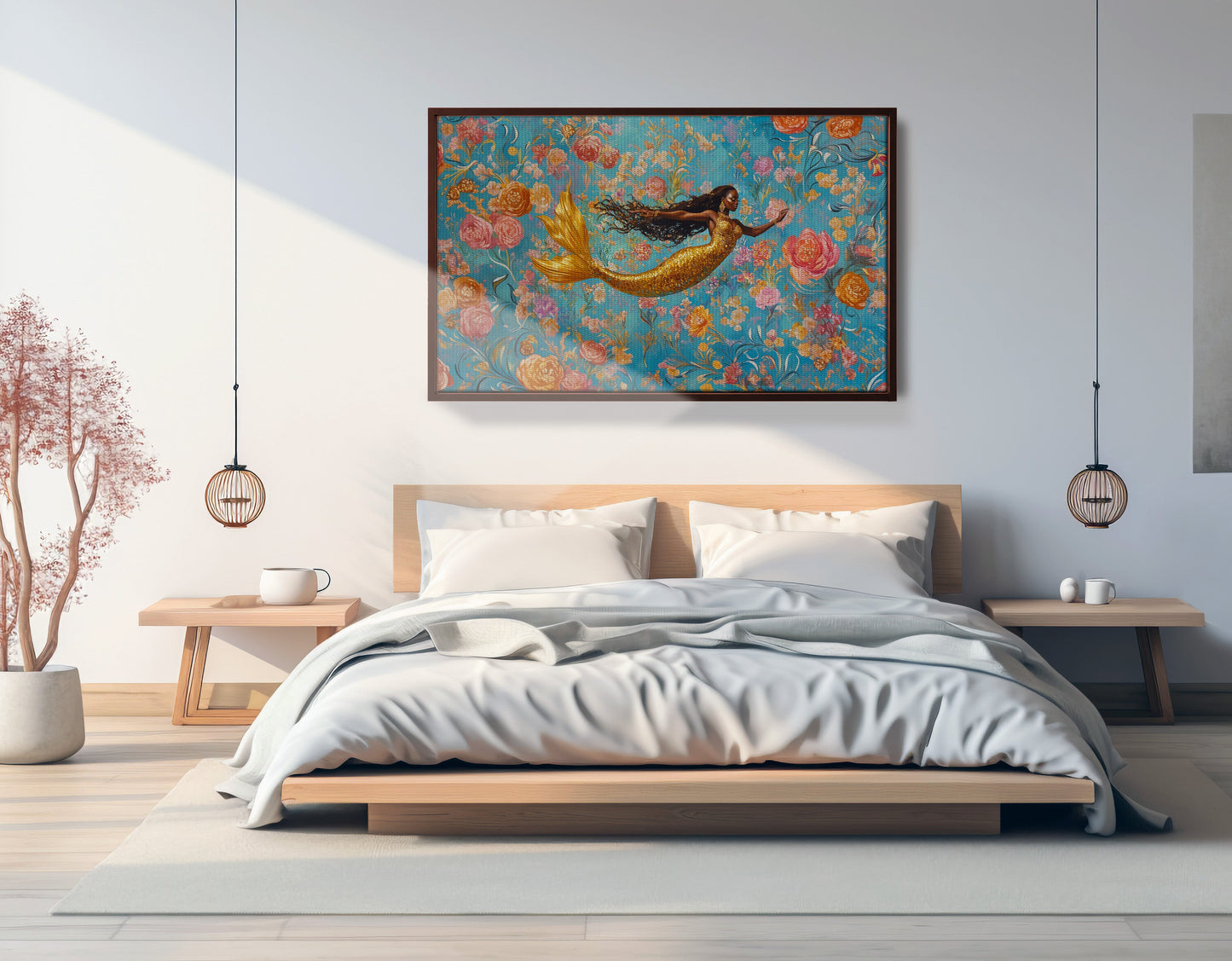 Black Mermaid Turquoise Floral African American canvas print view 33