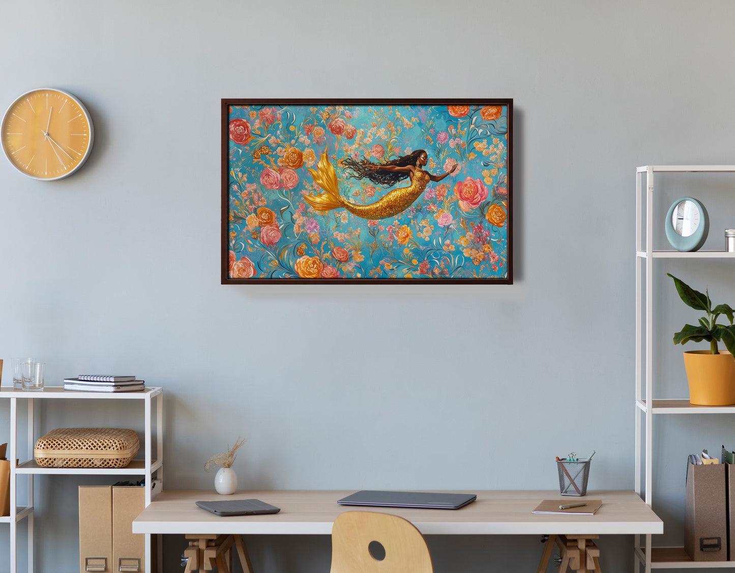 Black Mermaid Turquoise Floral African American canvas print view 36