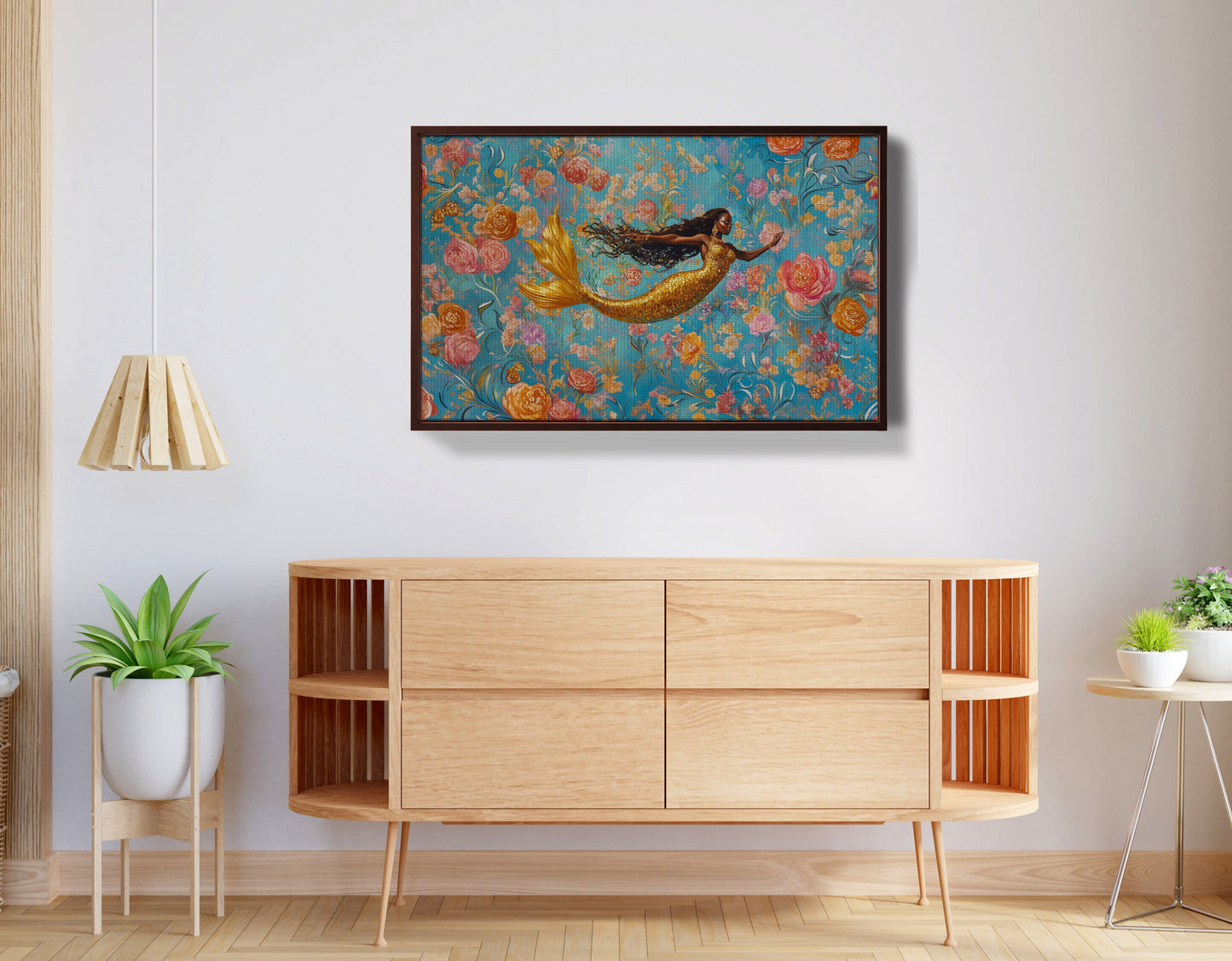 Black Mermaid Turquoise Floral African American canvas print view 32