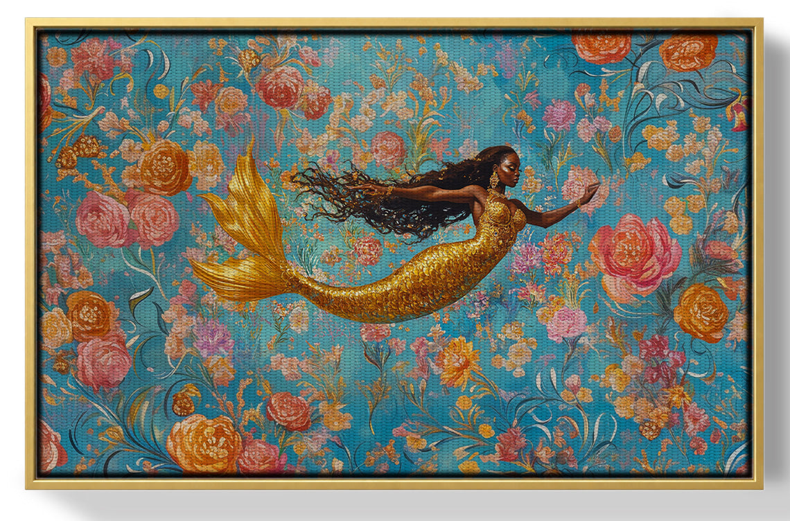 Black Mermaid Turquoise Floral African American canvas print view 37
