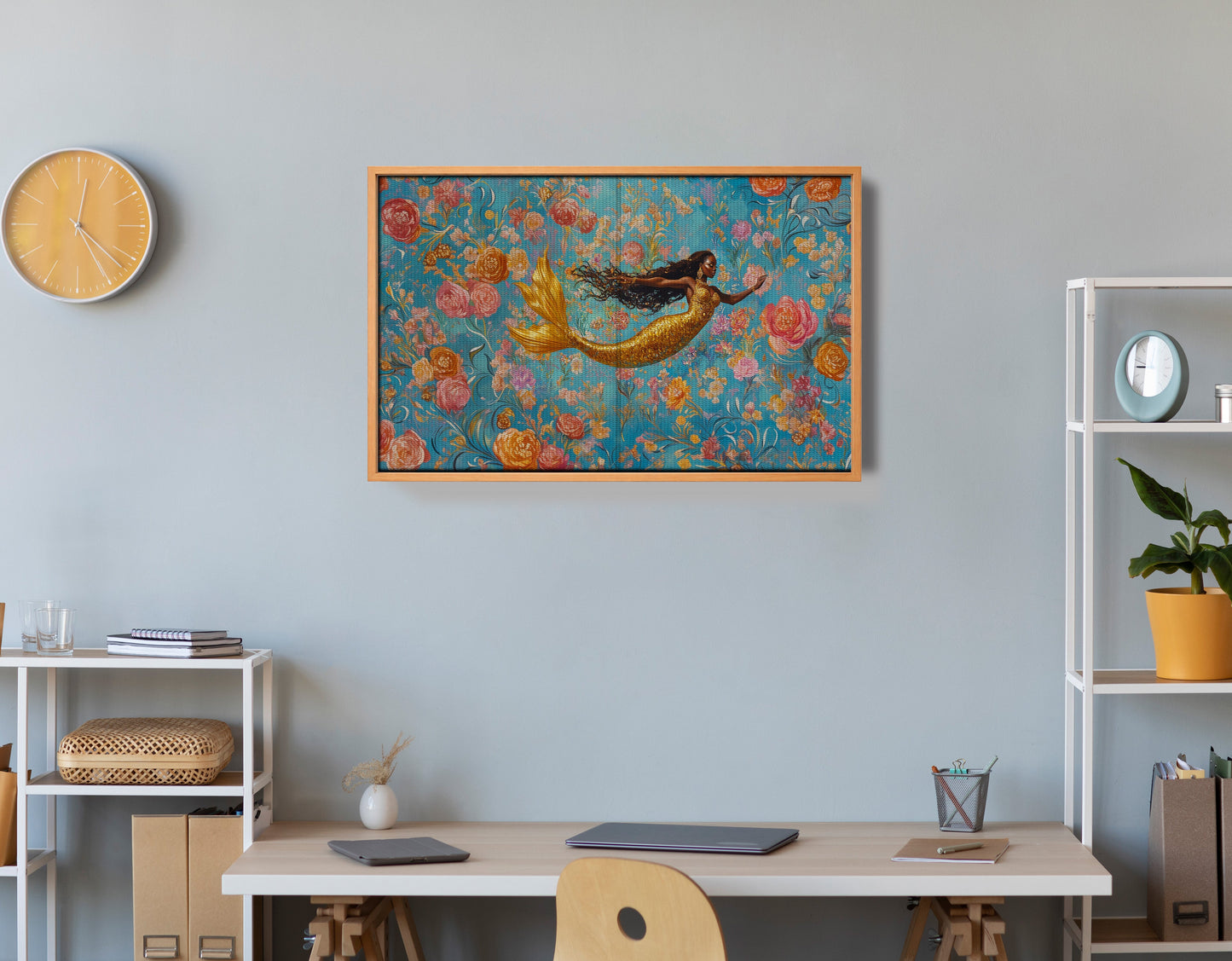 Black Mermaid Turquoise Floral African American canvas print view 48