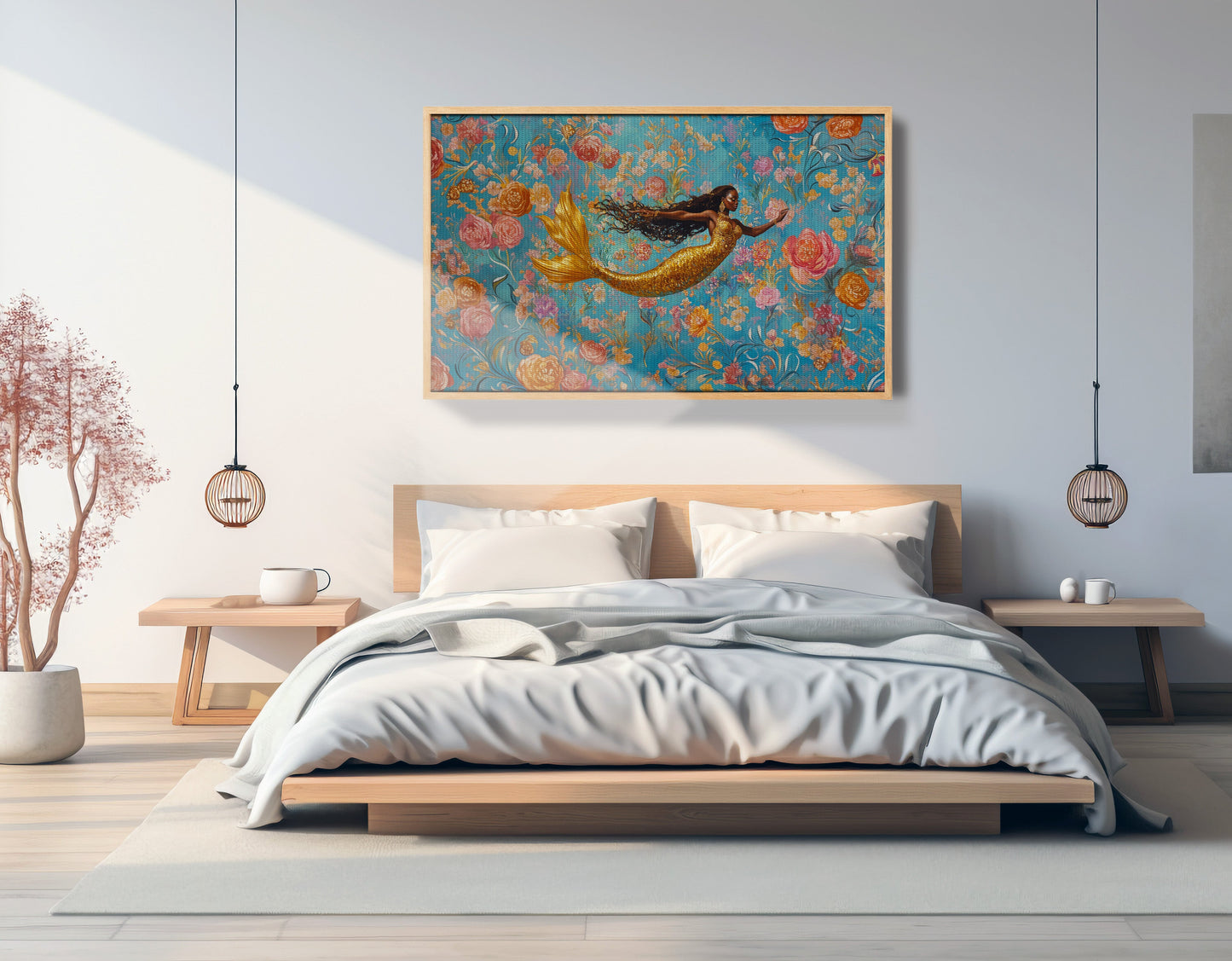 Black Mermaid Turquoise Floral African American canvas print view 51