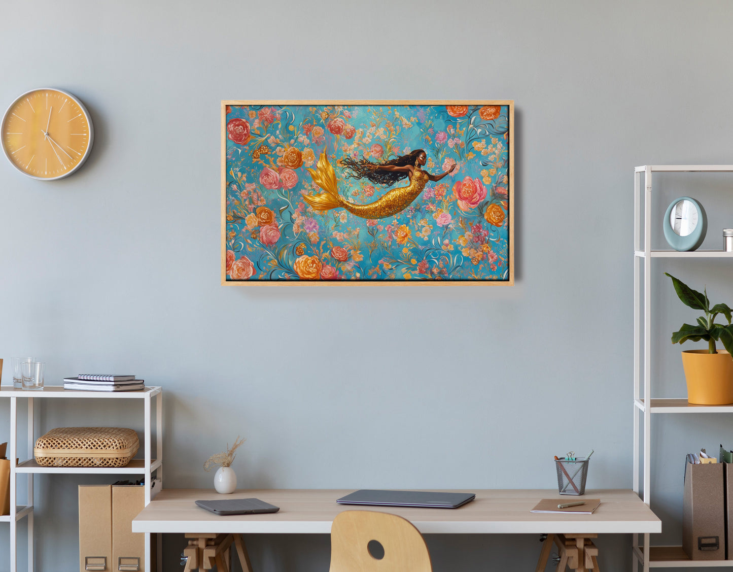 Black Mermaid Turquoise Floral African American canvas print view 54