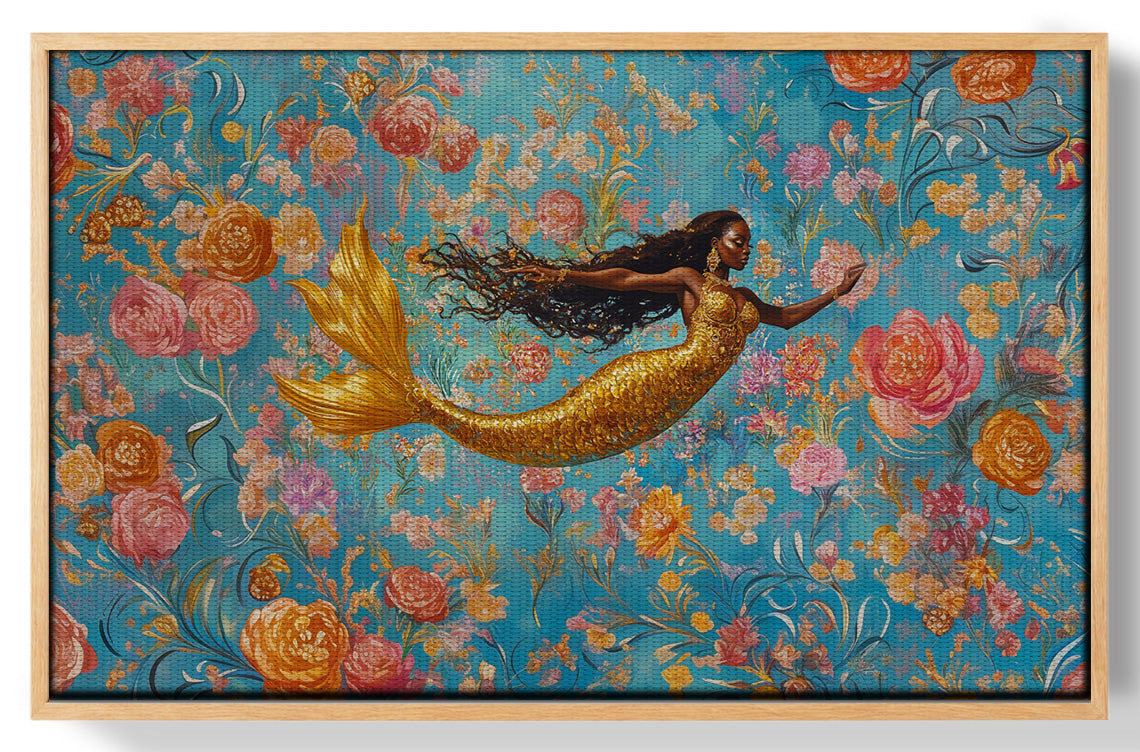 Black Mermaid Turquoise Floral African American canvas print view 49